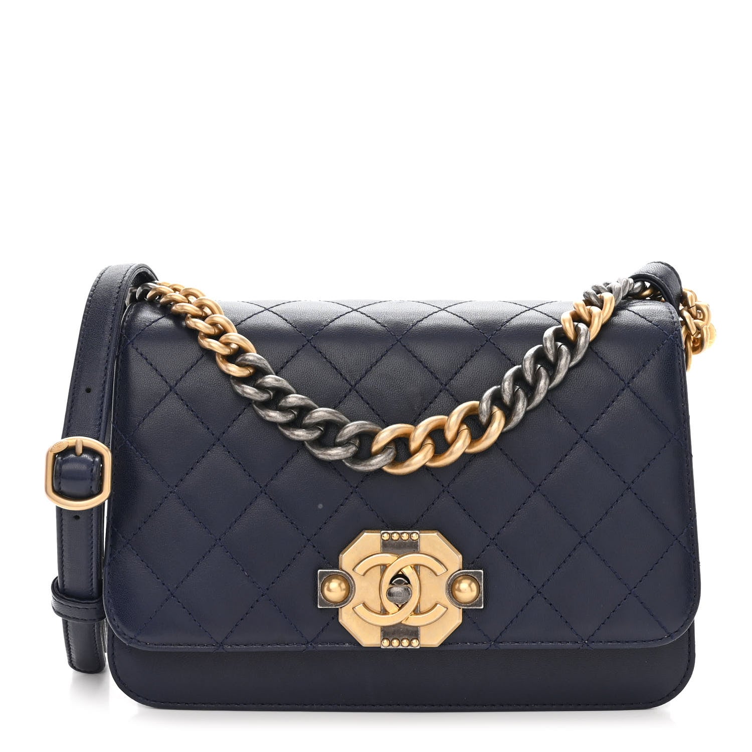 Chanel Lambskin Quilted Gold Metal Lock Flap Navy 1 of 12