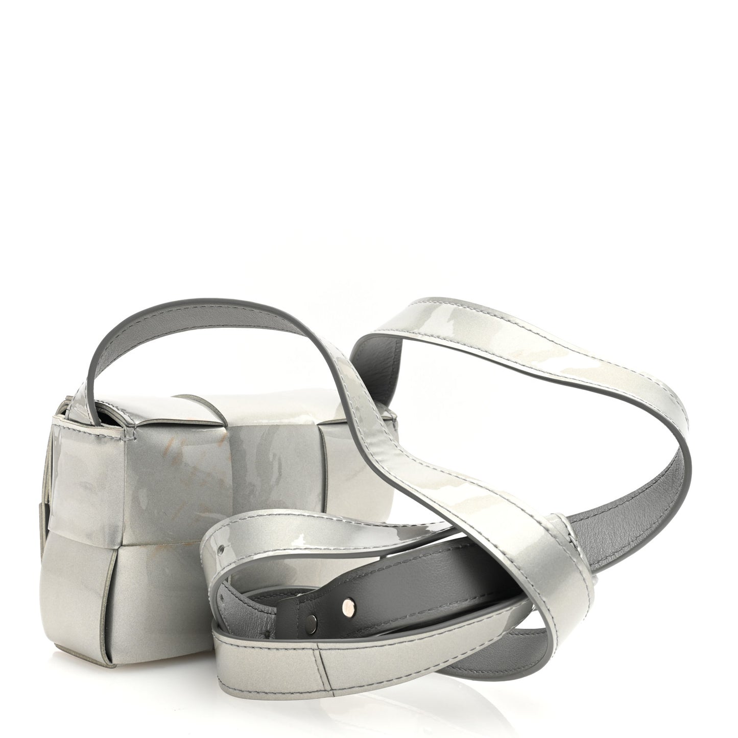 Metallic Patent Calfskin Maxi Intrecciato Extra Mini Cassette Crossbody Bag Silver