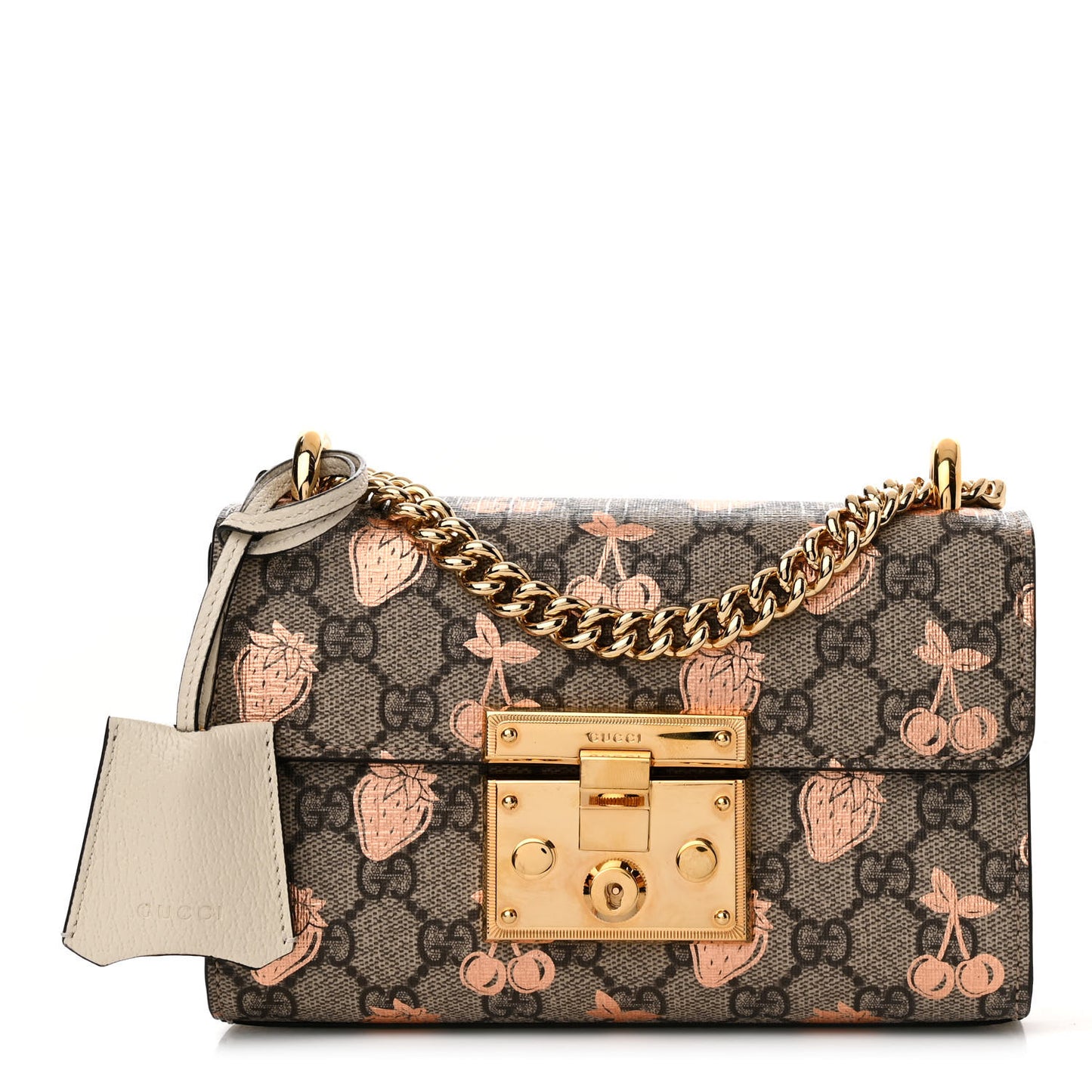 GG Supreme Monogram Berry Textured Dollar Calfskin Small Padlock Shoulder Bag Beige Ebony Light Copper Mystic White