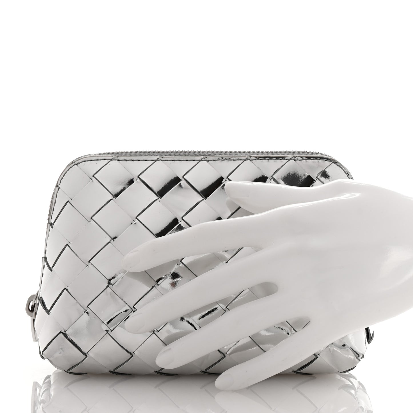 Mirror Laminated Nappa Intrecciato Beauty Pouch Silver