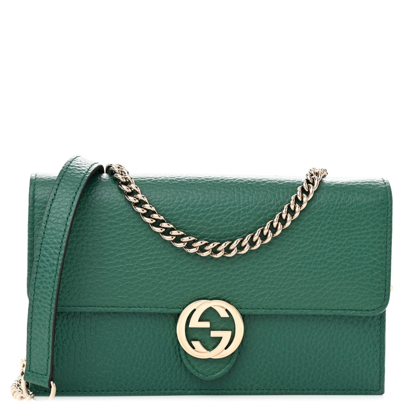 Dollar Calfskin Interlocking G Chain Wallet Emerald