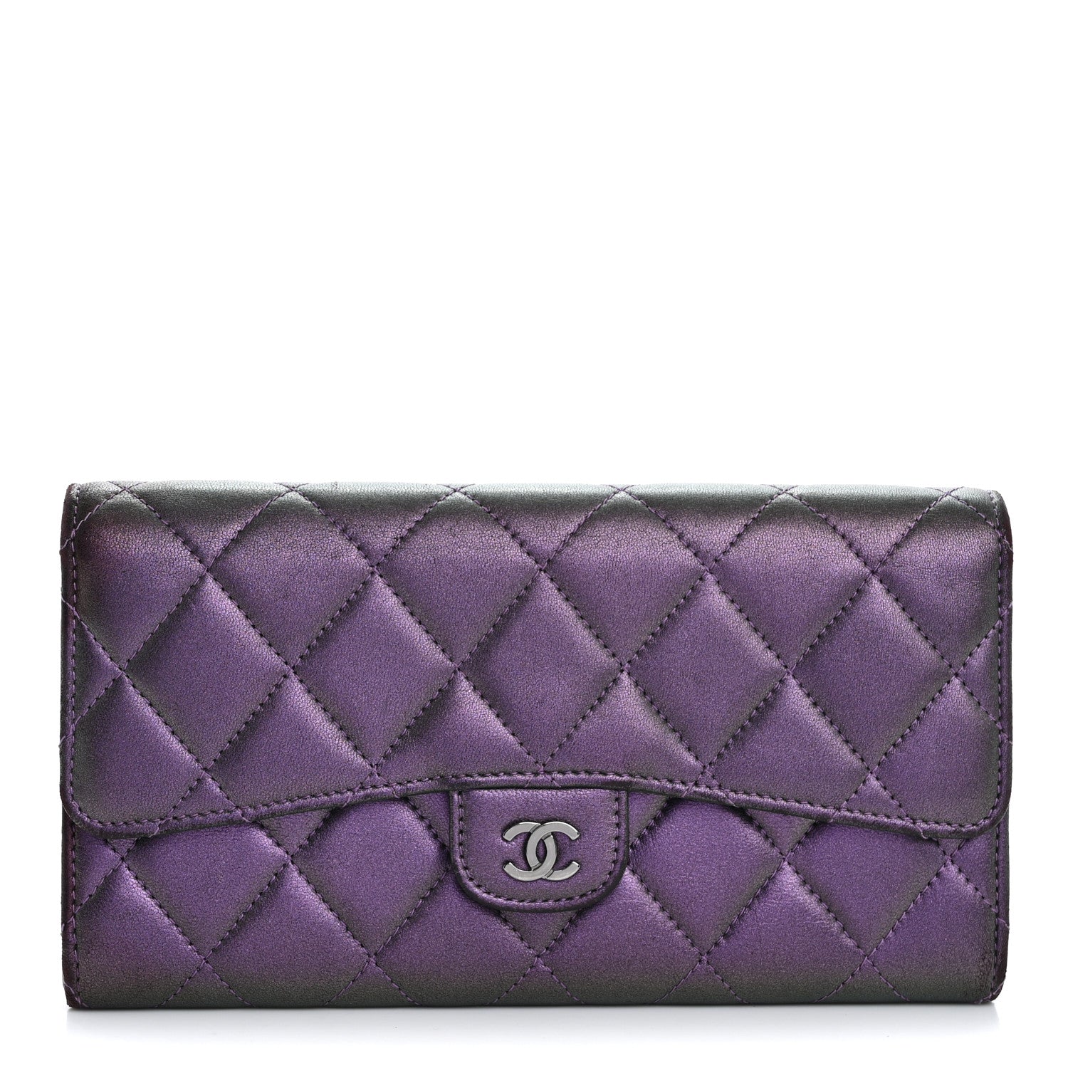 Chanel Iridescent Lambskin Quilted Large Gusset Flap Wallet Purple