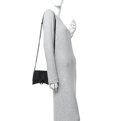 Shiny Calfskin Monochrome Crocodile Embossed Small Hourglass Evening Chain Bag Black