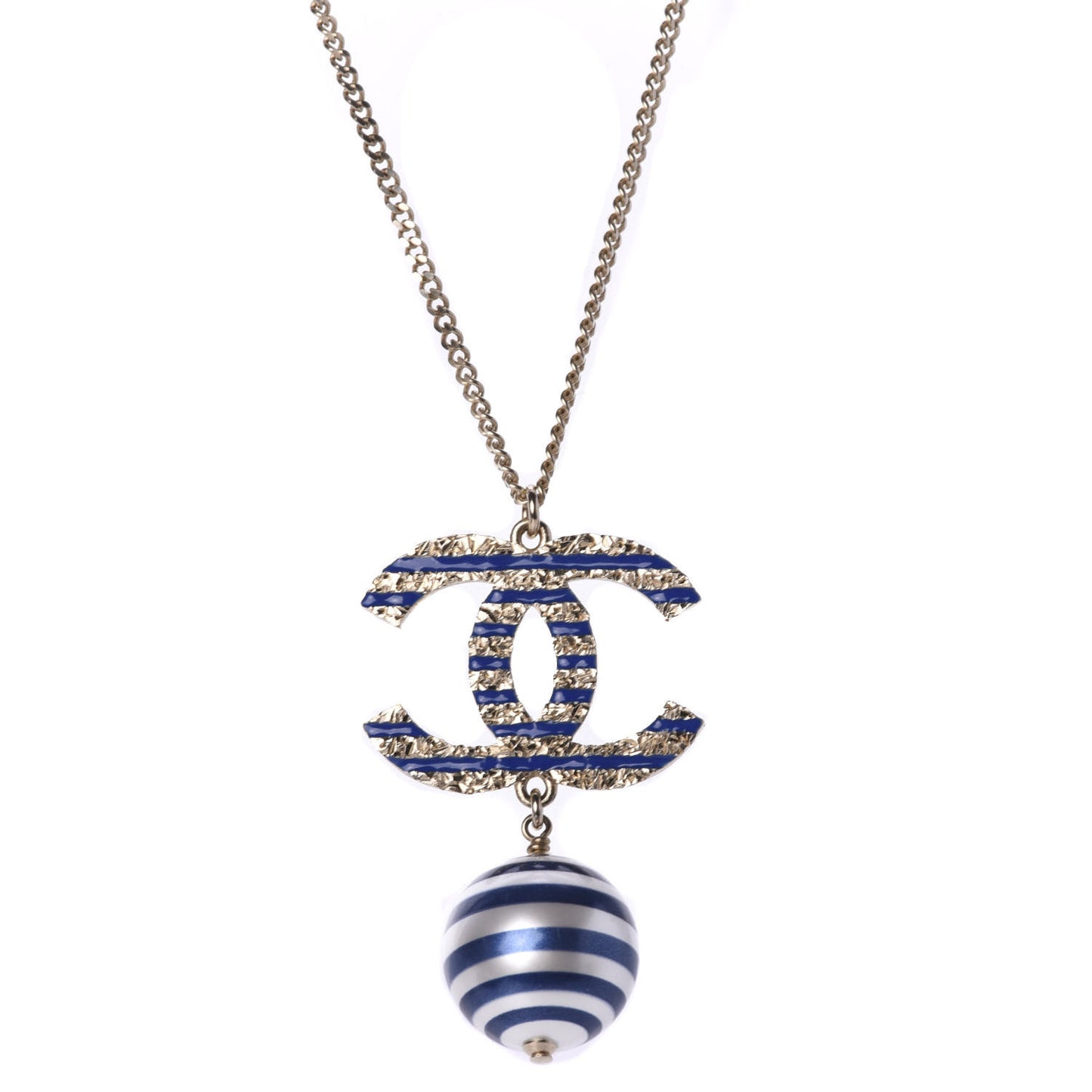 Resin Pearl Striped CC Drop Necklace Blue Gold