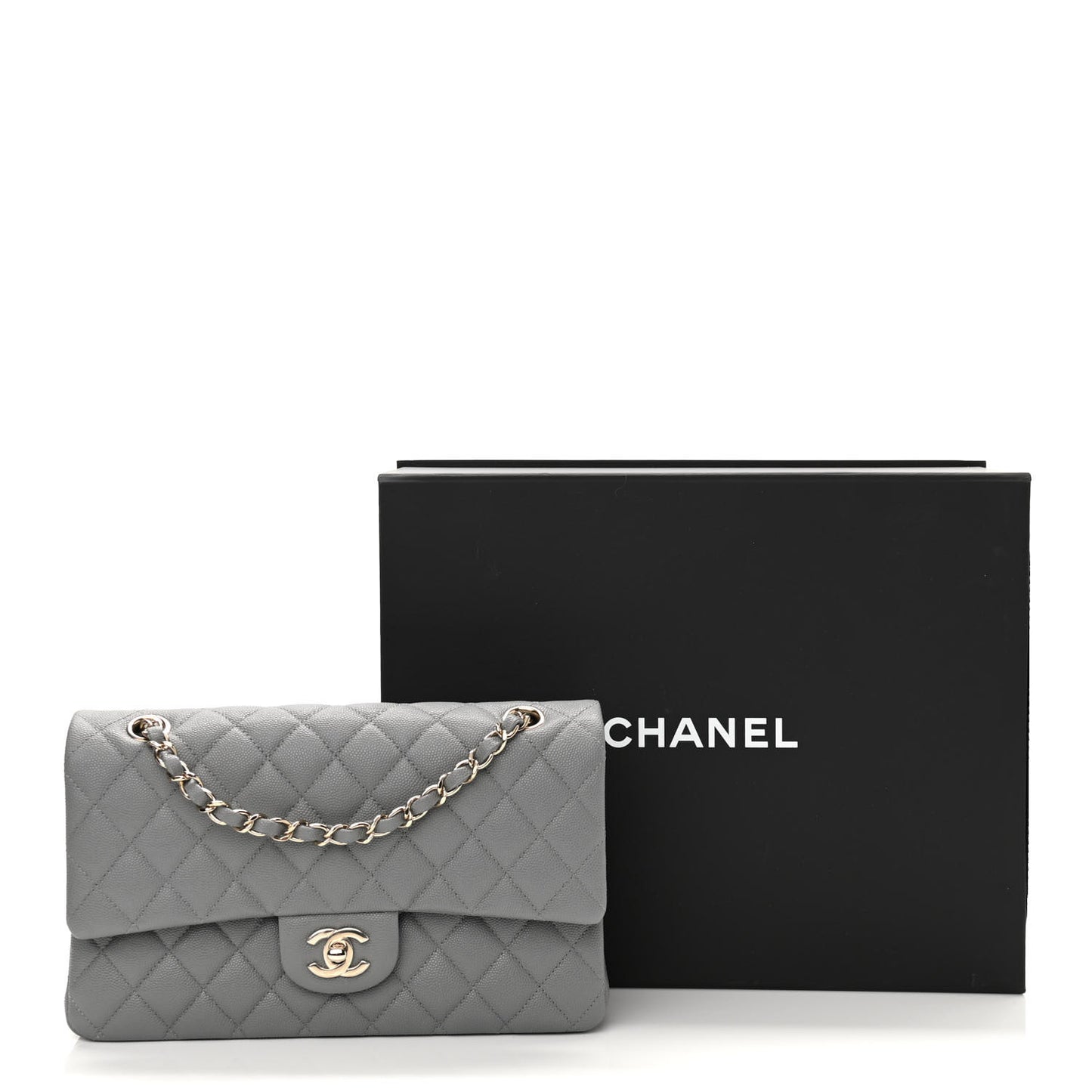 Caviar Quilted Medium Double Flap Grey