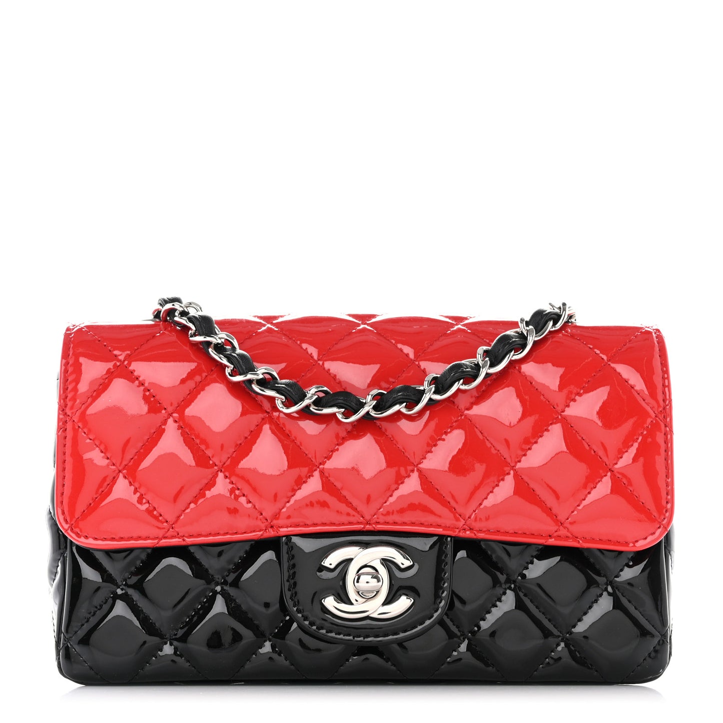 Patent Calfskin Quilted Bi-Color Mini Rectangular Flap Red Black