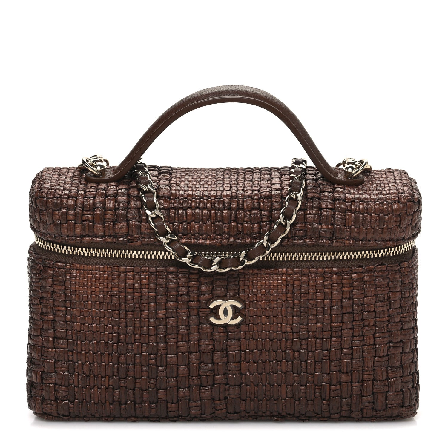 Chanel Braided Raffia Quilted Top Handle Slim Vanity With Chain