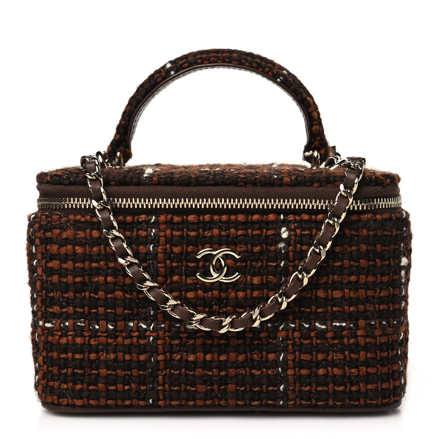 Tweed Small Top Handle Vanity Case With Chain Brown Multicolor