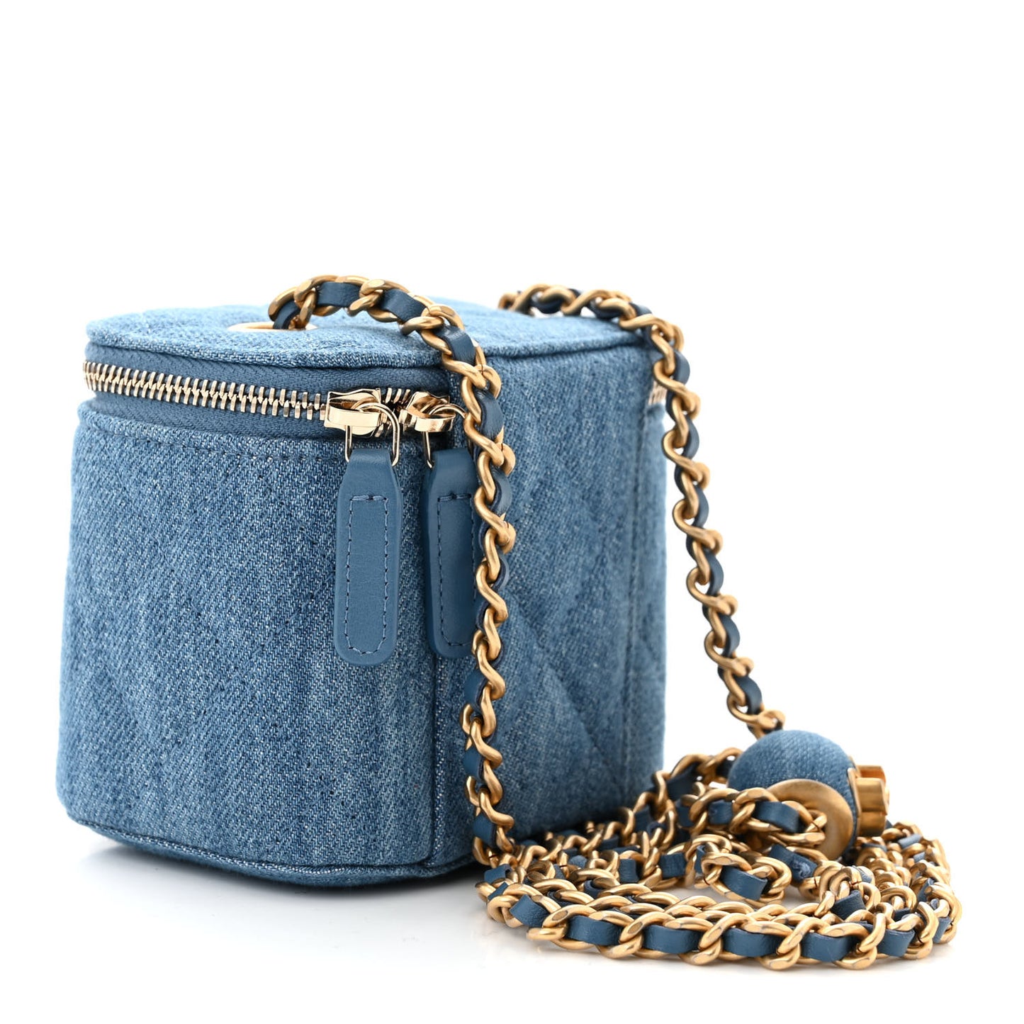 Denim Quilted Mini Pearl Crush Vanity Case With Chain