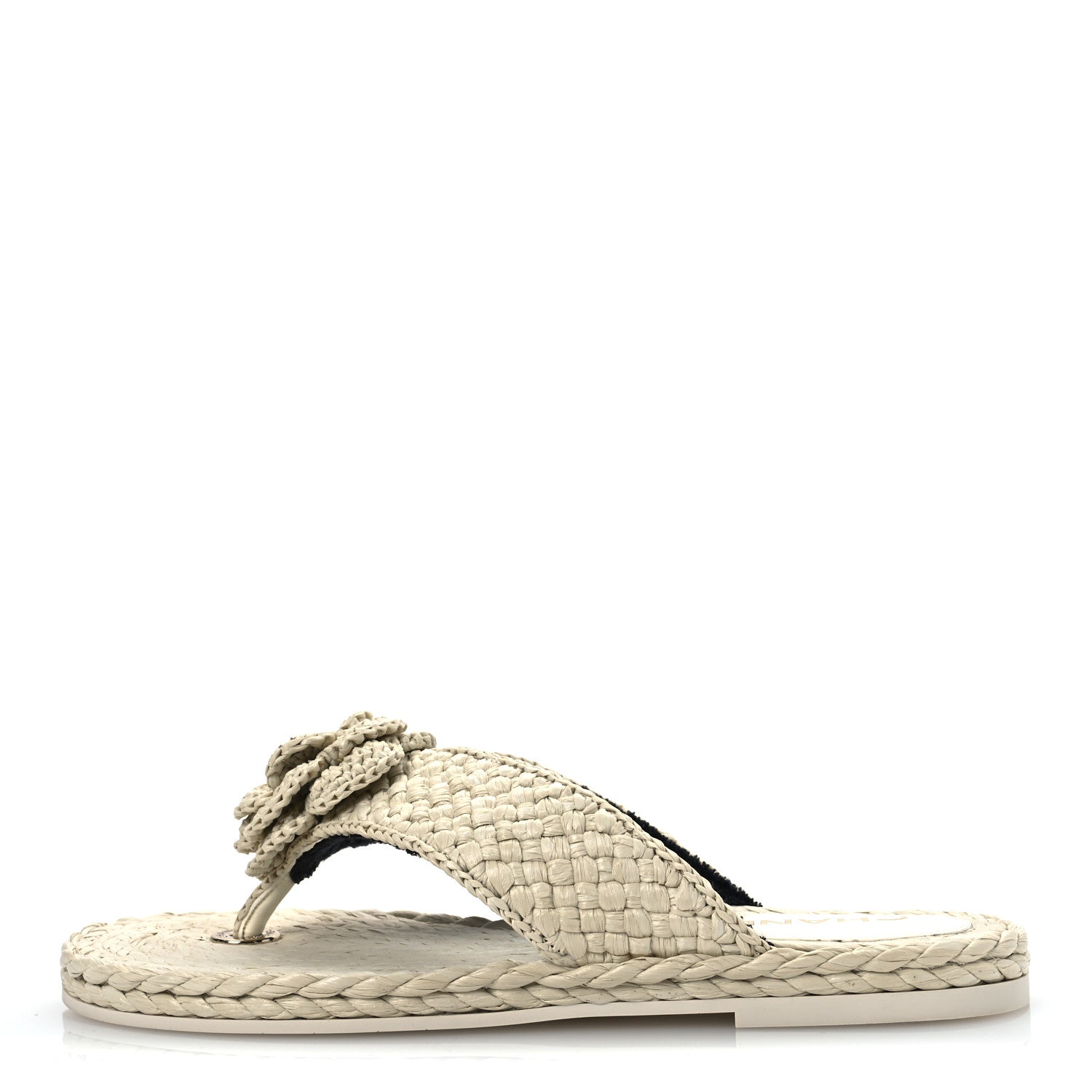 Chanel Raffia Camellia Flower Thong Sandals 38.5 Ivory 1694943