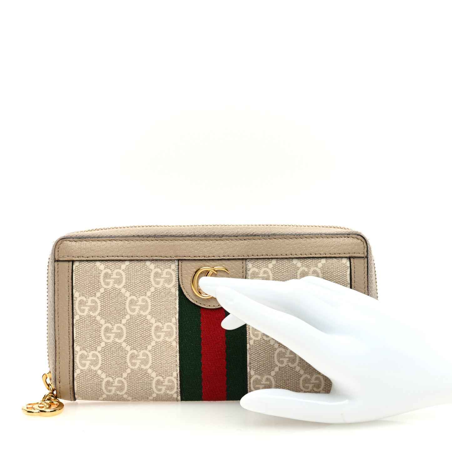 GG Supreme Monogram Textured Dollar Calfskin Web Ophidia Zip Around Wallet Beige Mystic White Oatmeal