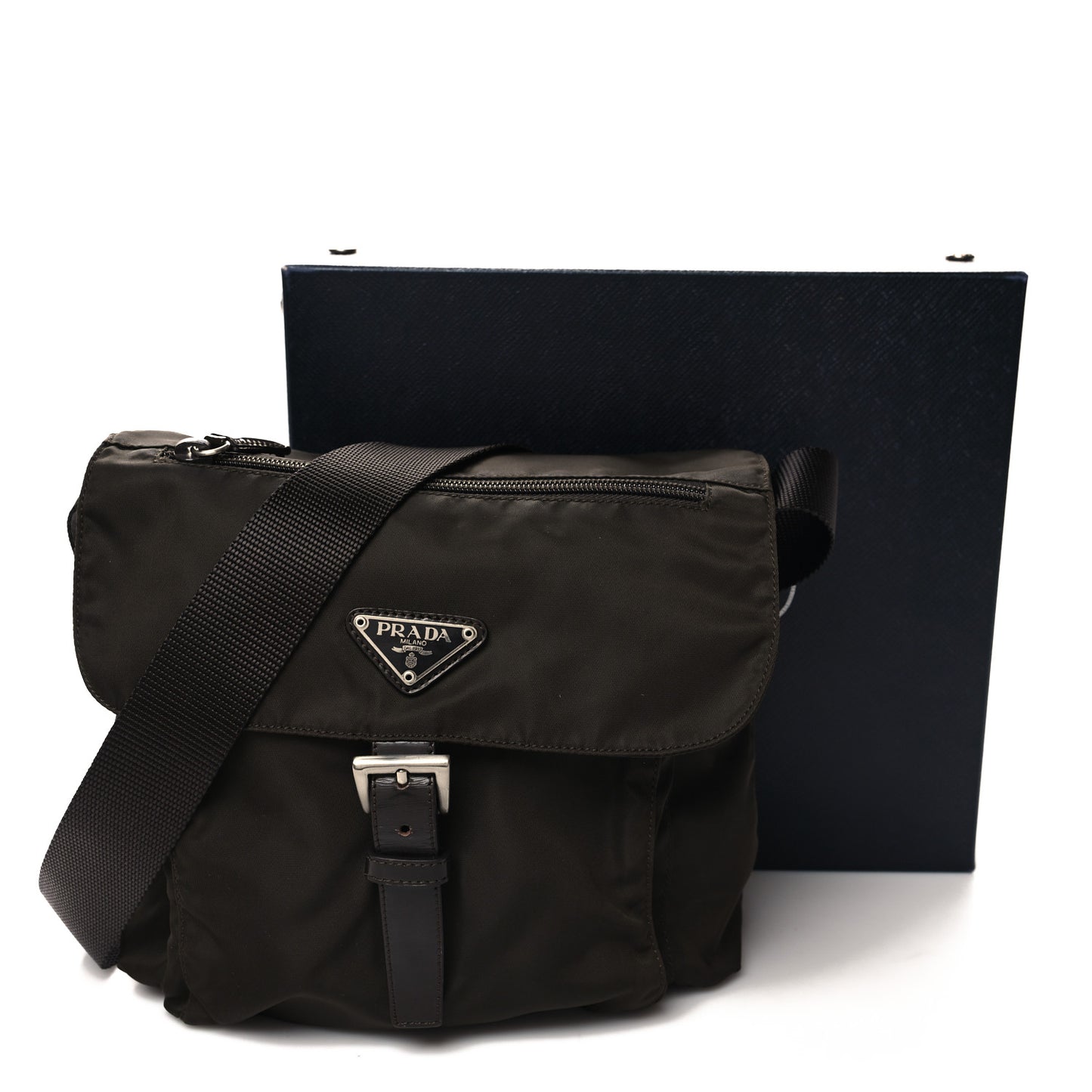 Nylon Vela Saffiano Single Buckle Messenger Shoulder Bag Brown