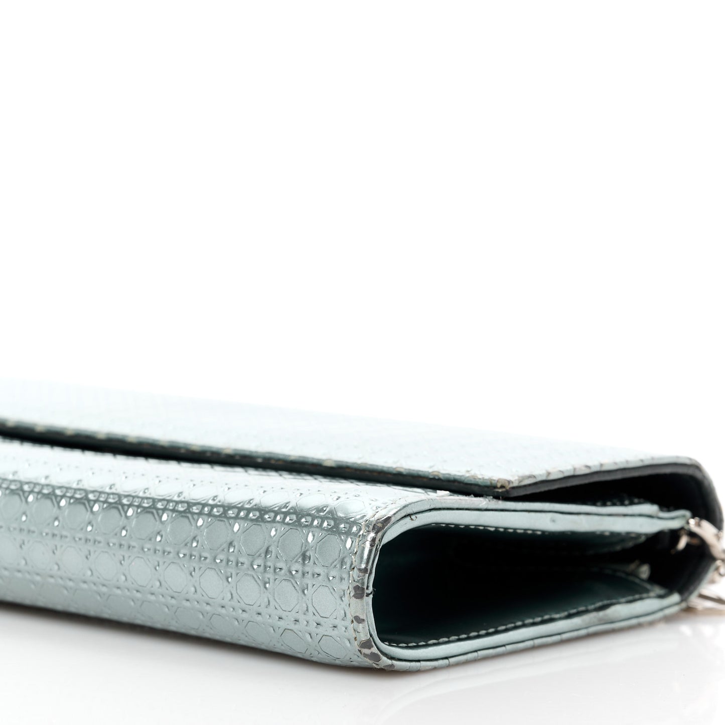 Metallic Calfskin Micro-Cannage Lady Dior Croisiere Chain Wallet Blue