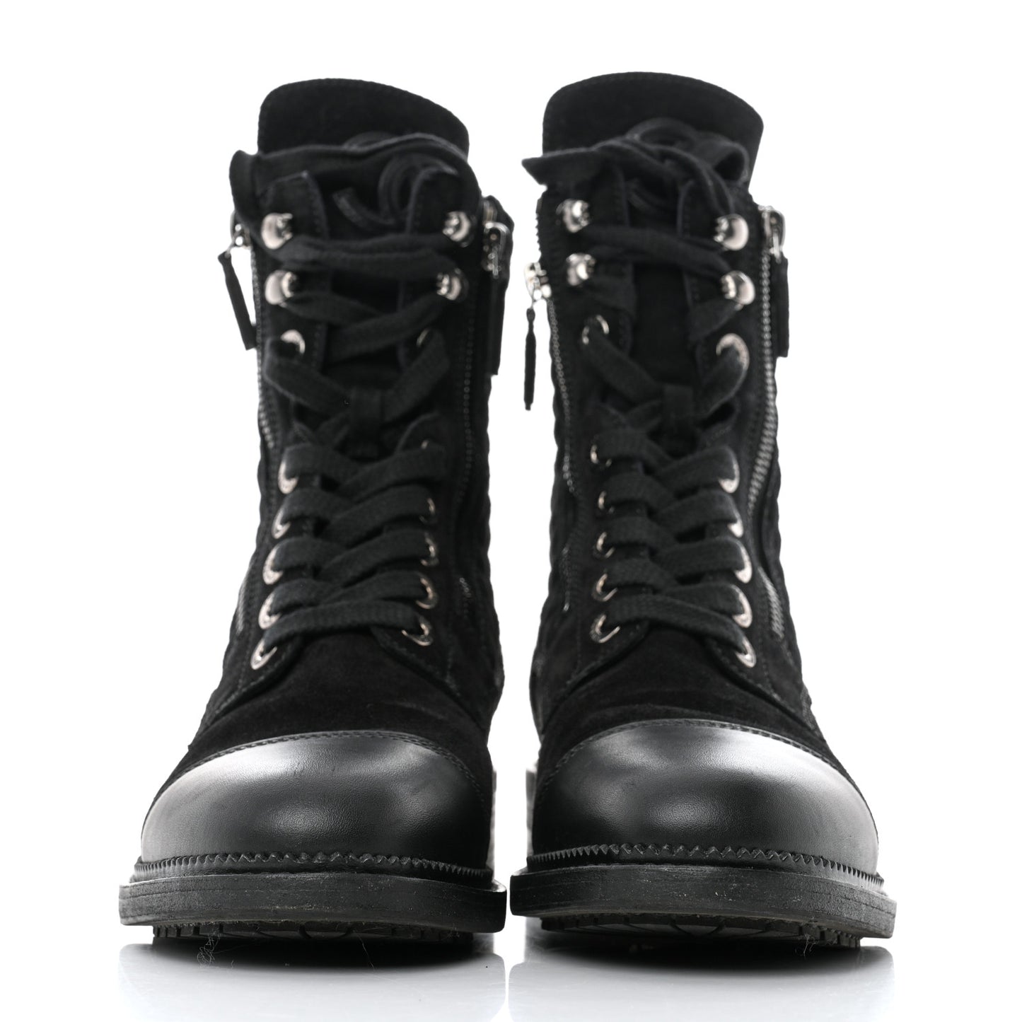 Suede Quilted CC Lace Up Combat Boots 38.5 Black