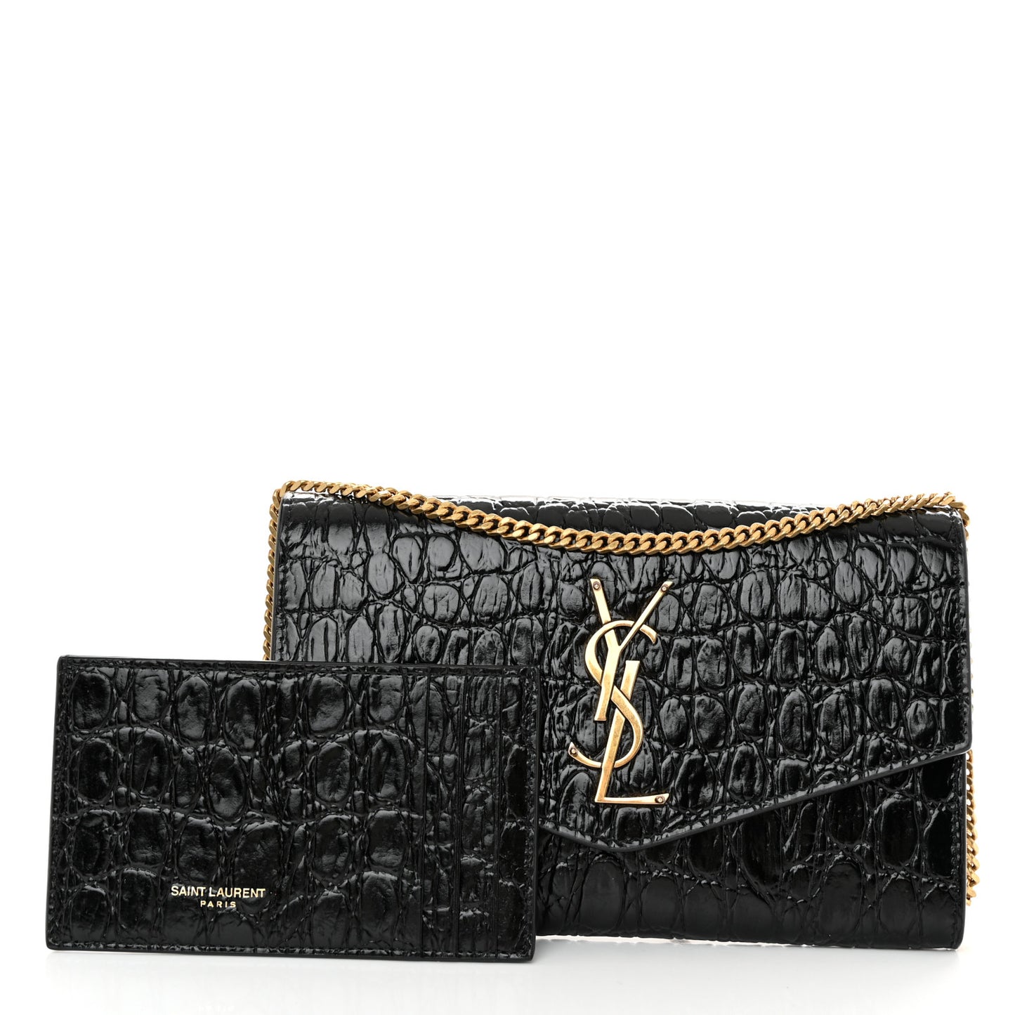 Calfskin Crocodile Embossed Monogram Uptown Chain Wallet Black