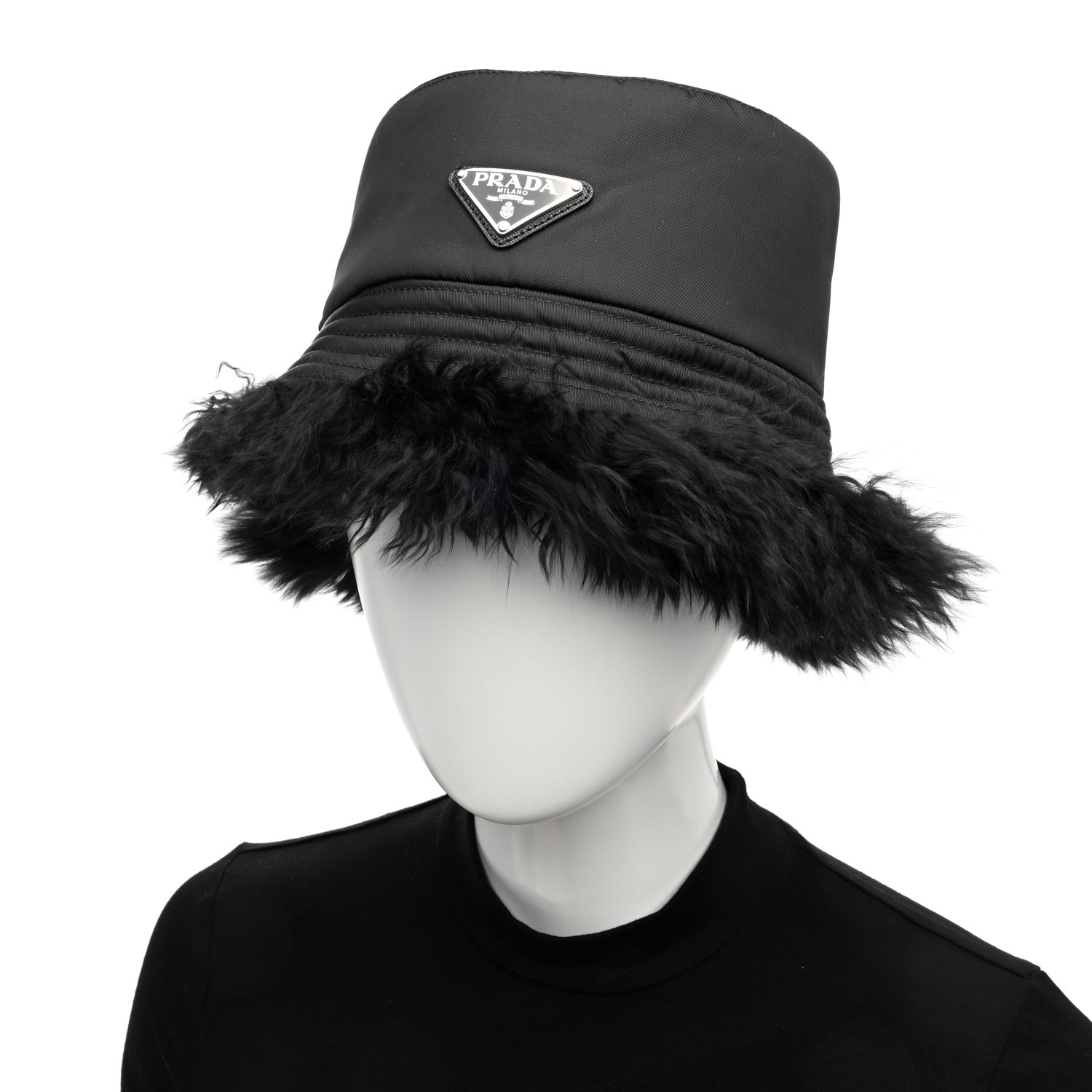 Prada Nylon Alpaca Triangle Womens Bucket Hat M Black 2 of 8