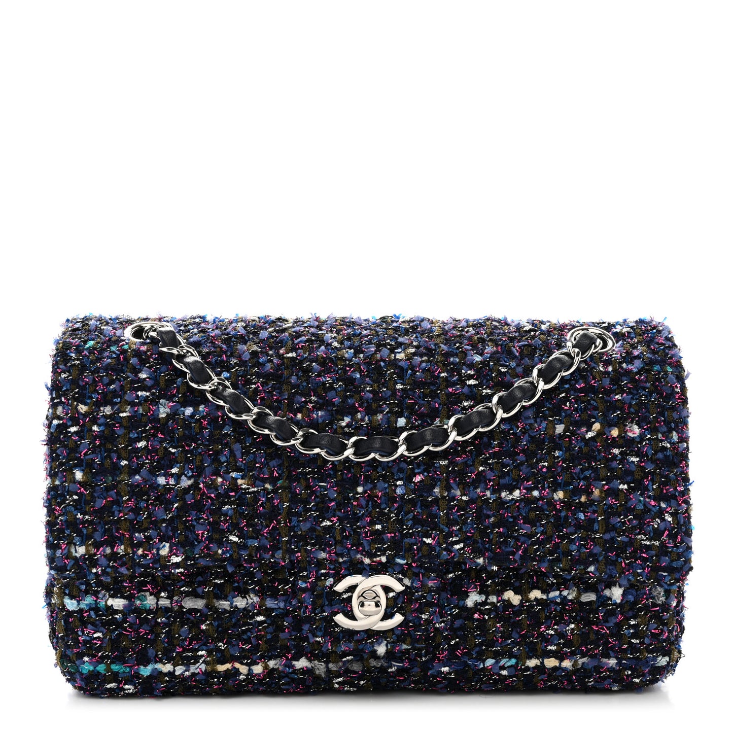 Tweed Chevron Quilted Medium Double Flap Blue Multicolor