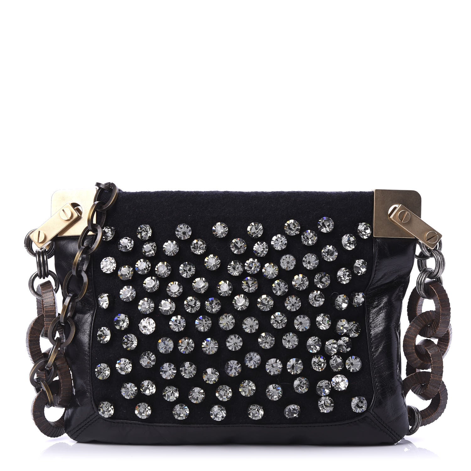 Lanvin Glazed Calfskin Felt Crystal Embellished Ketu Sac Chain Shoulder Bag Black 1 of 9