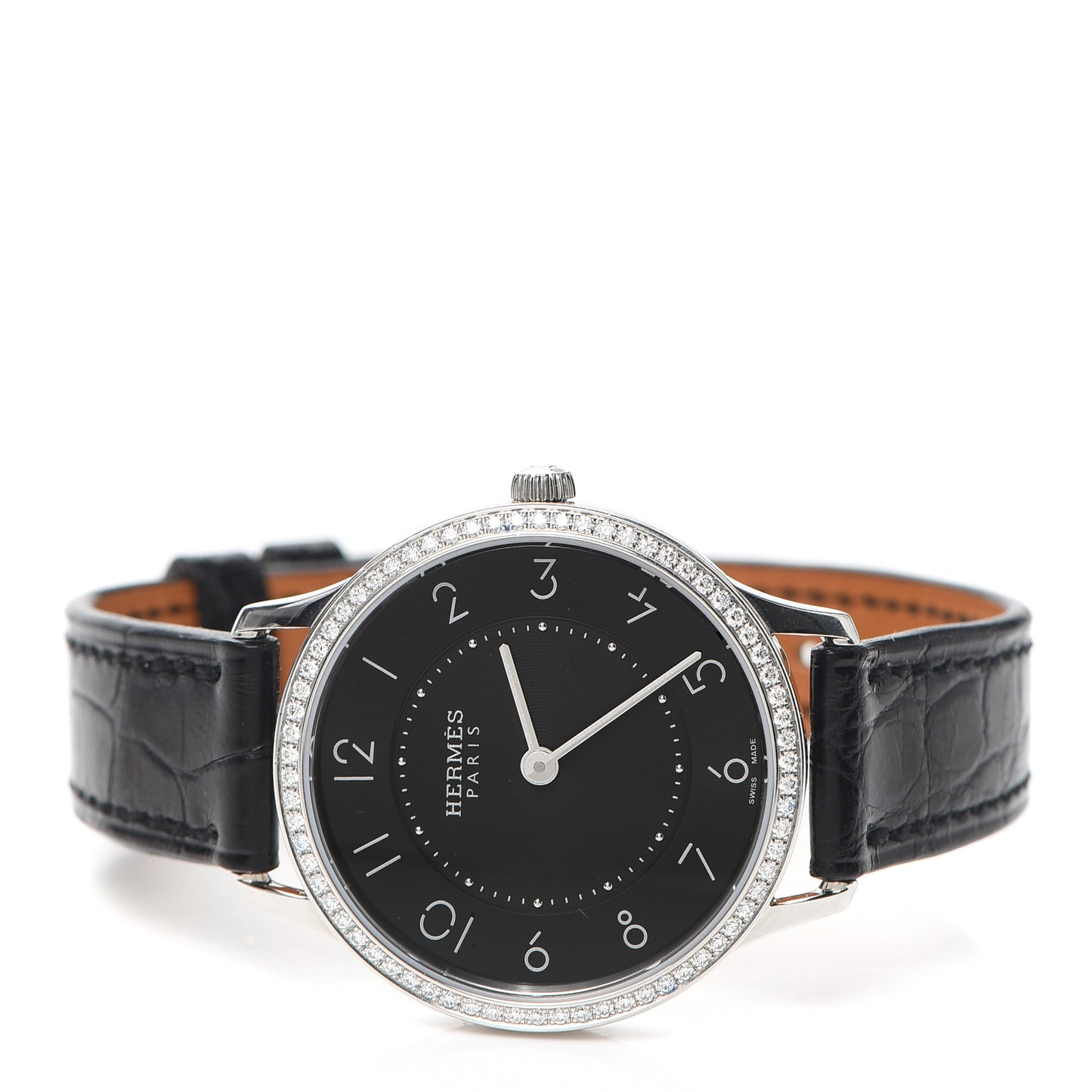 Stainless Steel Alligator Diamond 25mm Slim d'Hermes Quartz Watch Noir
