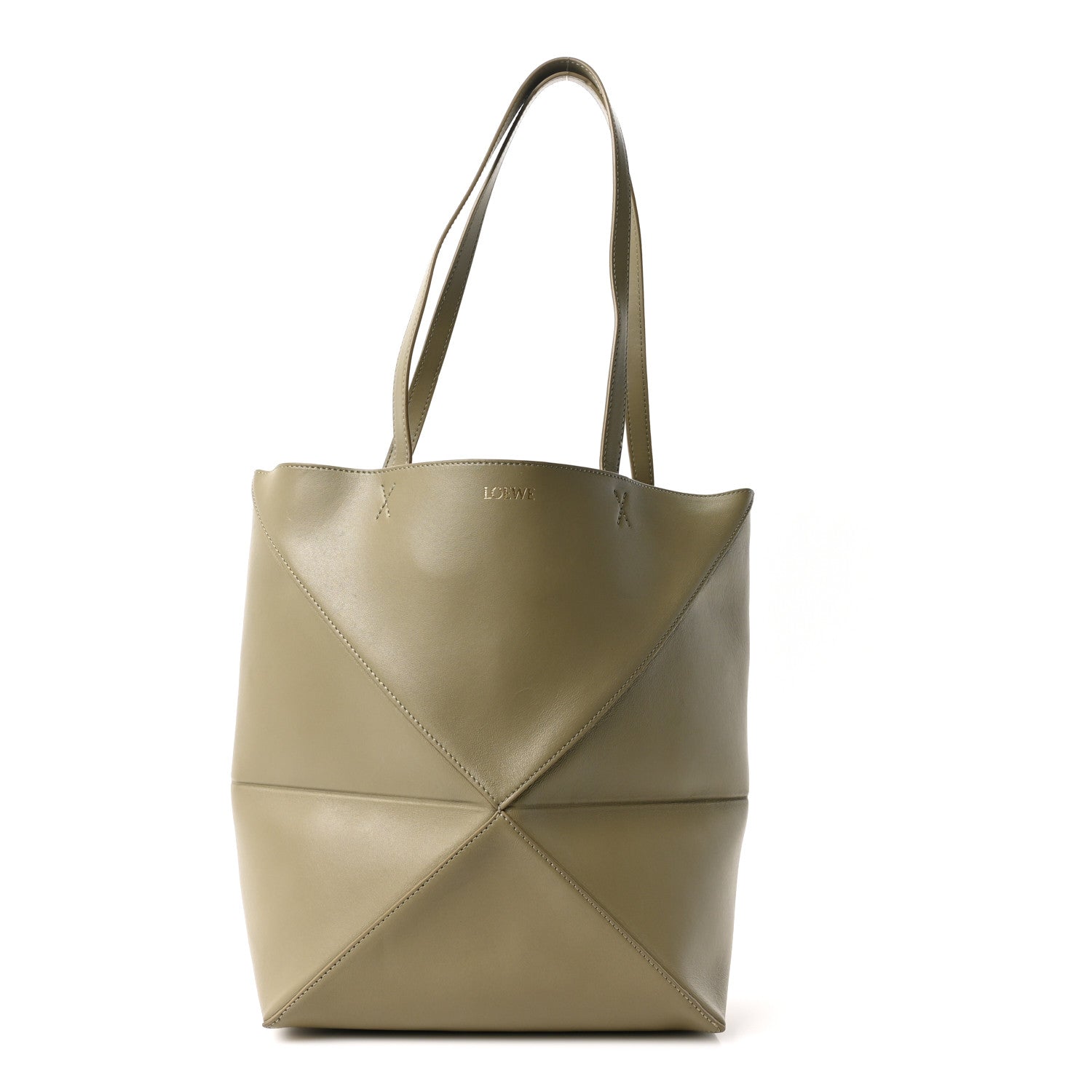 Loewe Shiny Calfskin Medium Puzzle Fold Tote Dark Khaki 1815728