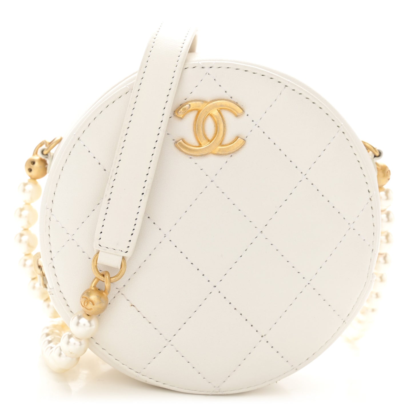 Calfskin Quilted Pearl Round Clutch With Chain White