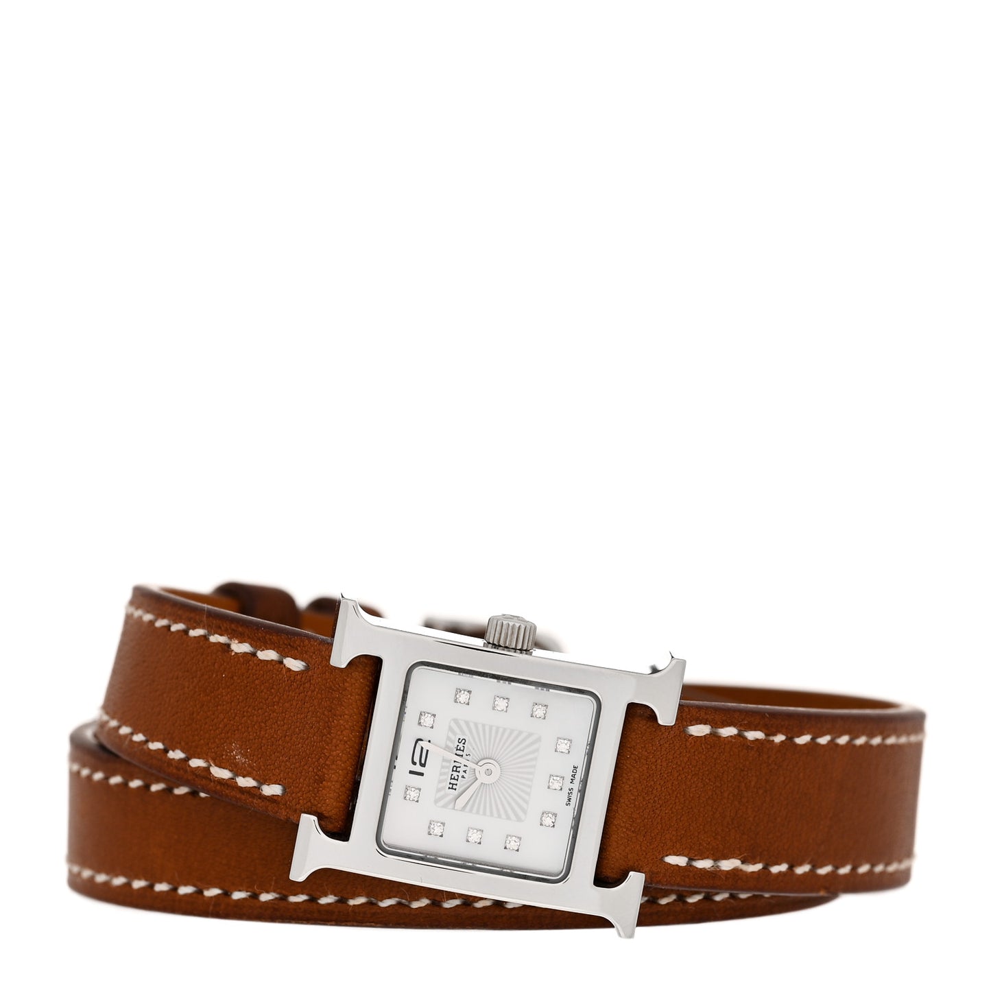 Stainless Steel Barenia Diamond Mother of Pearl 17.2mm Heure H Hour Quartz Watch Fauve