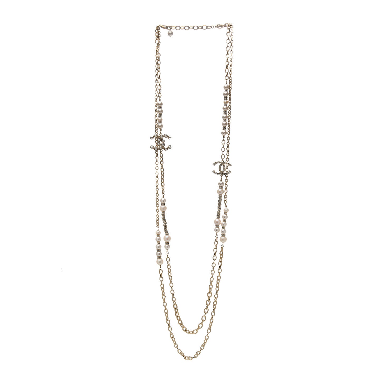Crystal Pearl CC Long Multistrand Necklace Gold