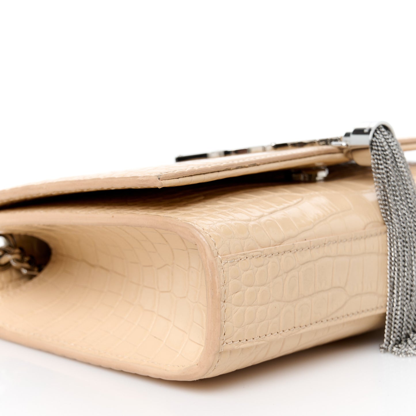 Calfskin Crocodile Embossed Small Classic Monogram Kate Tassel Satchel Nude Powder