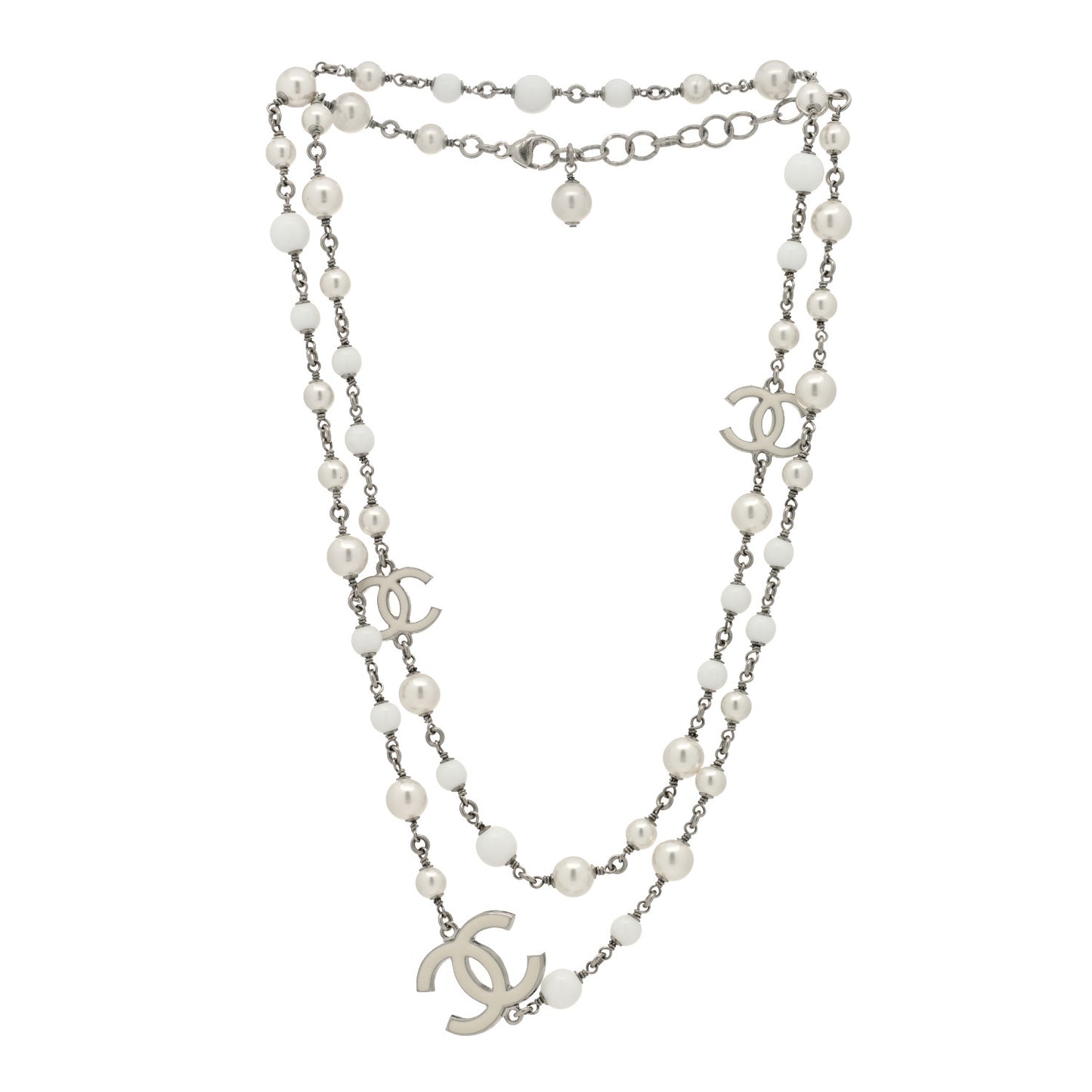 Pearl Beaded Enamel CC Long Necklace White
