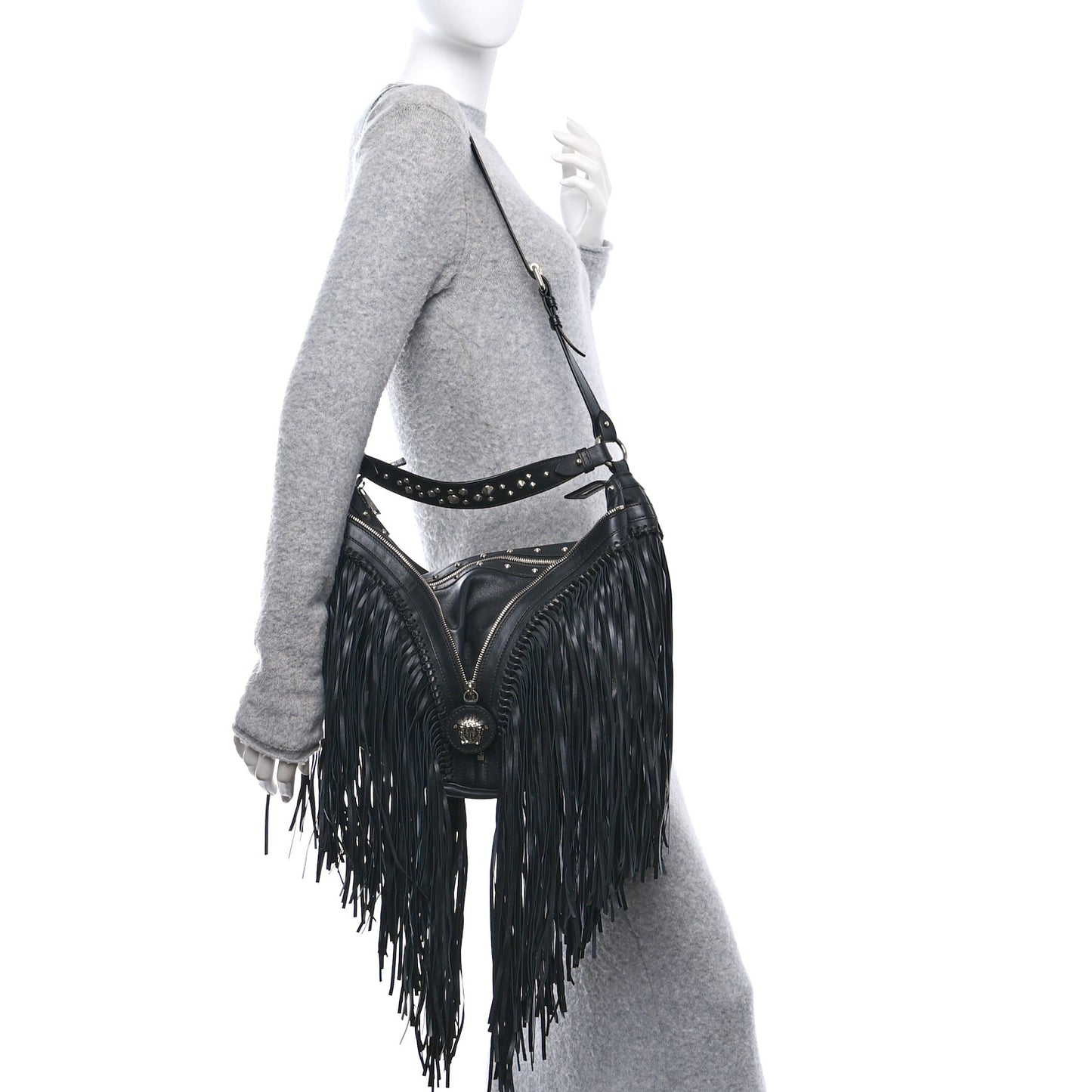 Calfskin Studded Large Fringe Repeat Zip Hobo Black