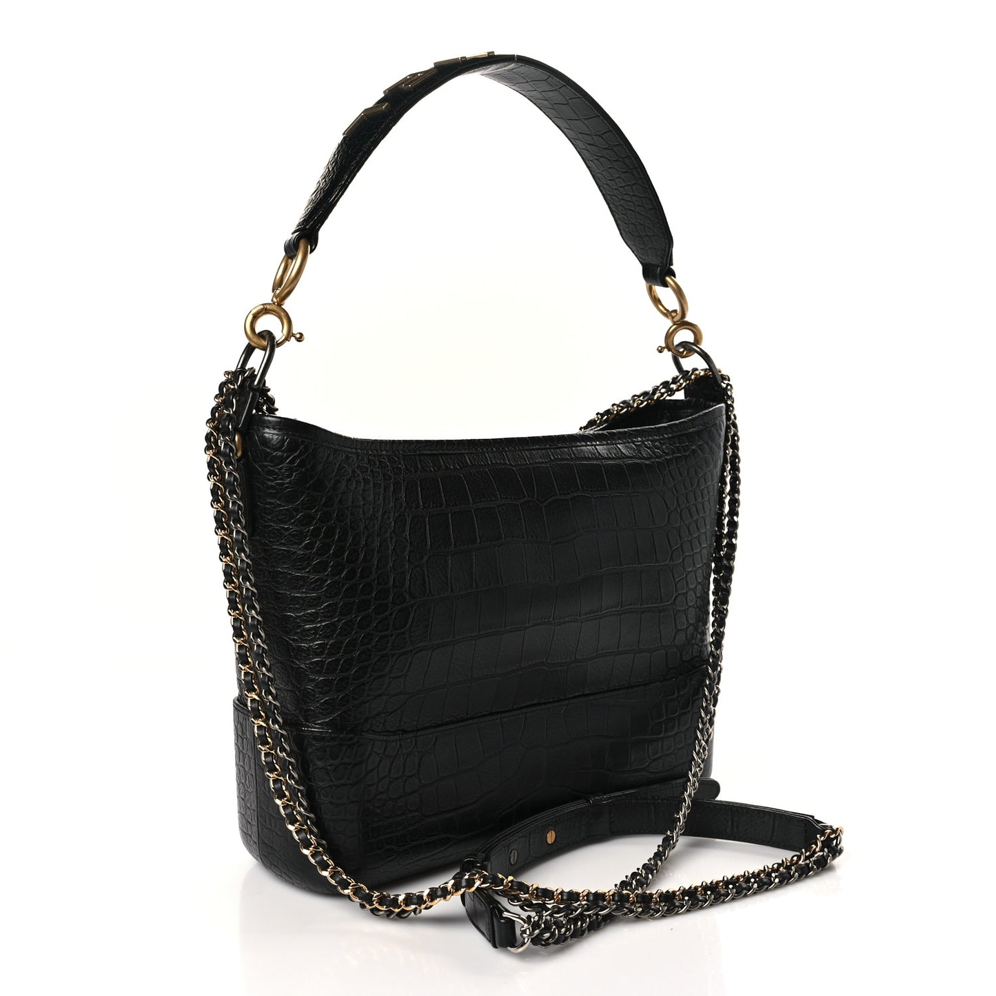 Crocodile Embossed Calfskin Medium Gabrielle Cocodile Hobo Black
