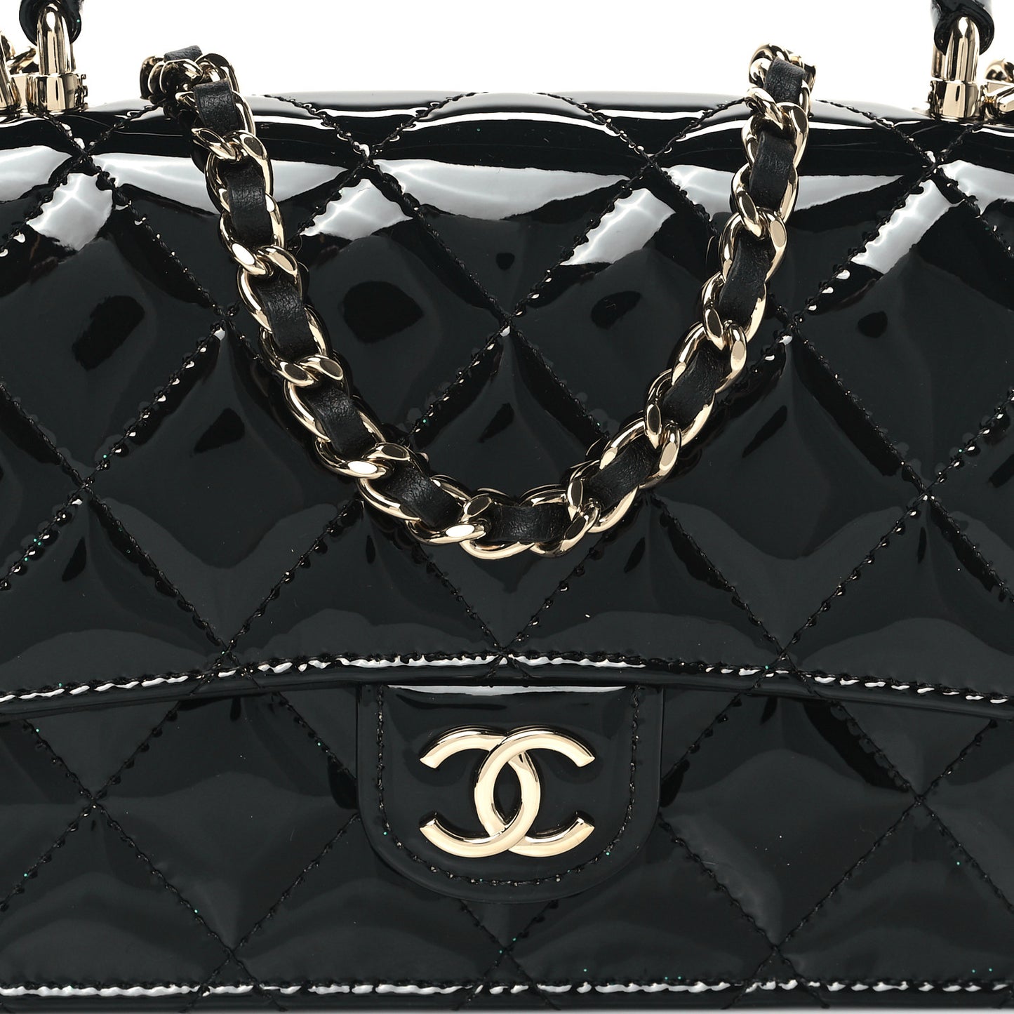 Patent Calfskin Quilted Flap Phone Holder With Chain Black