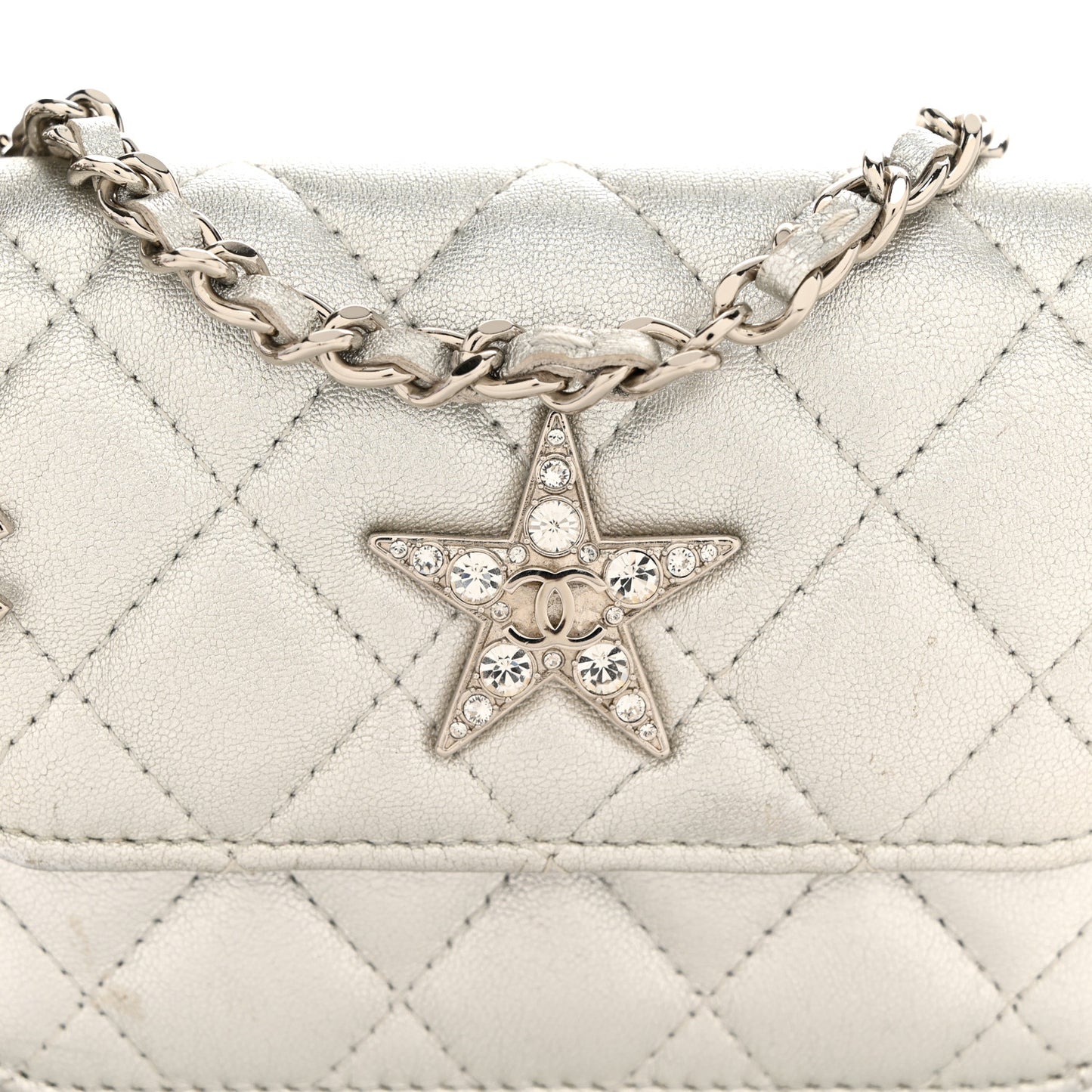 Metallic Lambskin Crystal Quilted Star Chain Belt Bag Silver