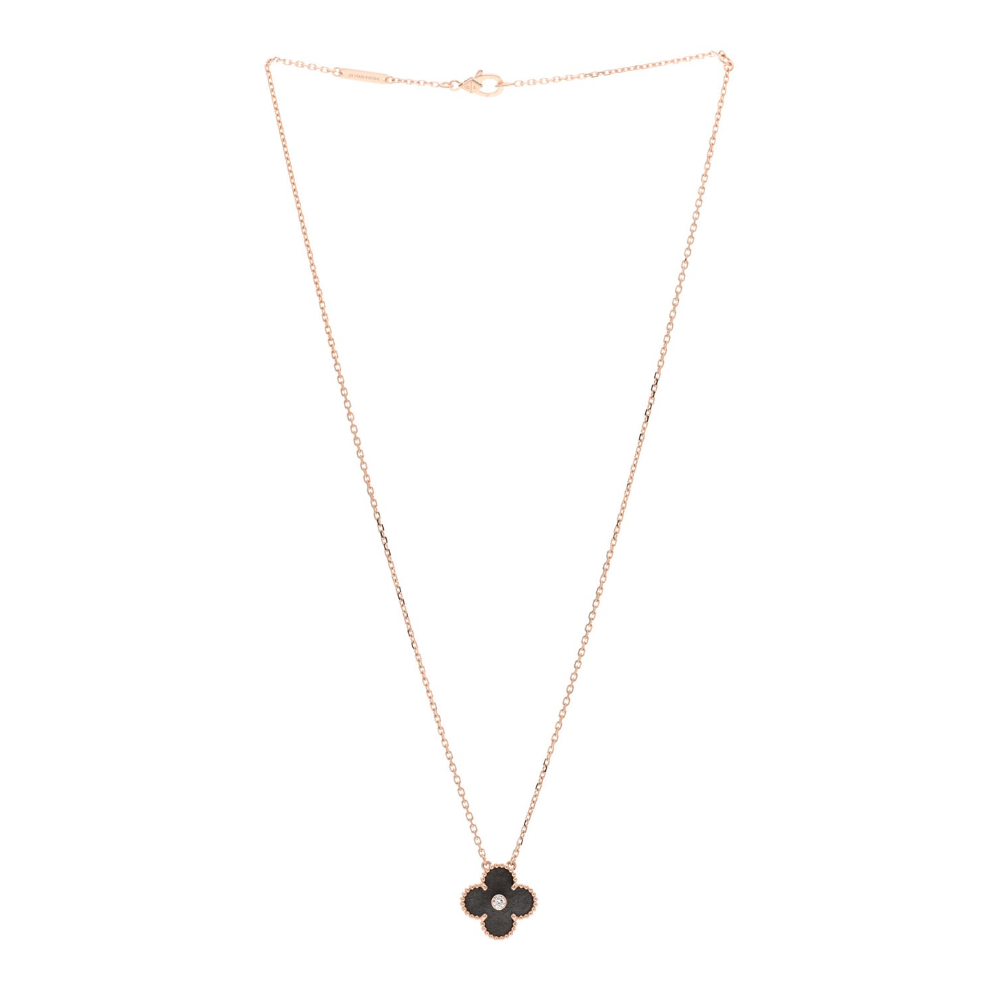 18K Rose Gold Diamond Silver Obsidian Vintage Alhambra Pendant Necklace