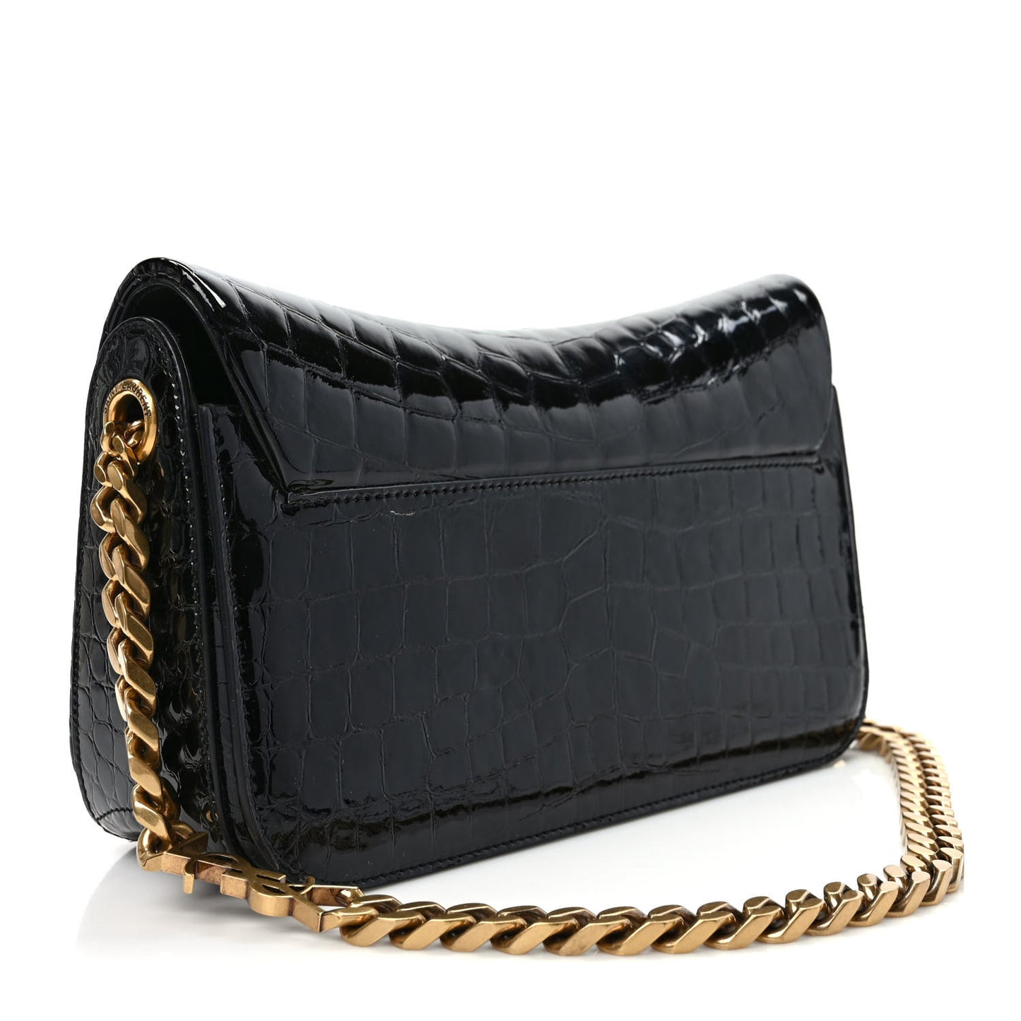 Patent Calfskin Crocodile Embossed Elise Chain Shoulder Bag Black