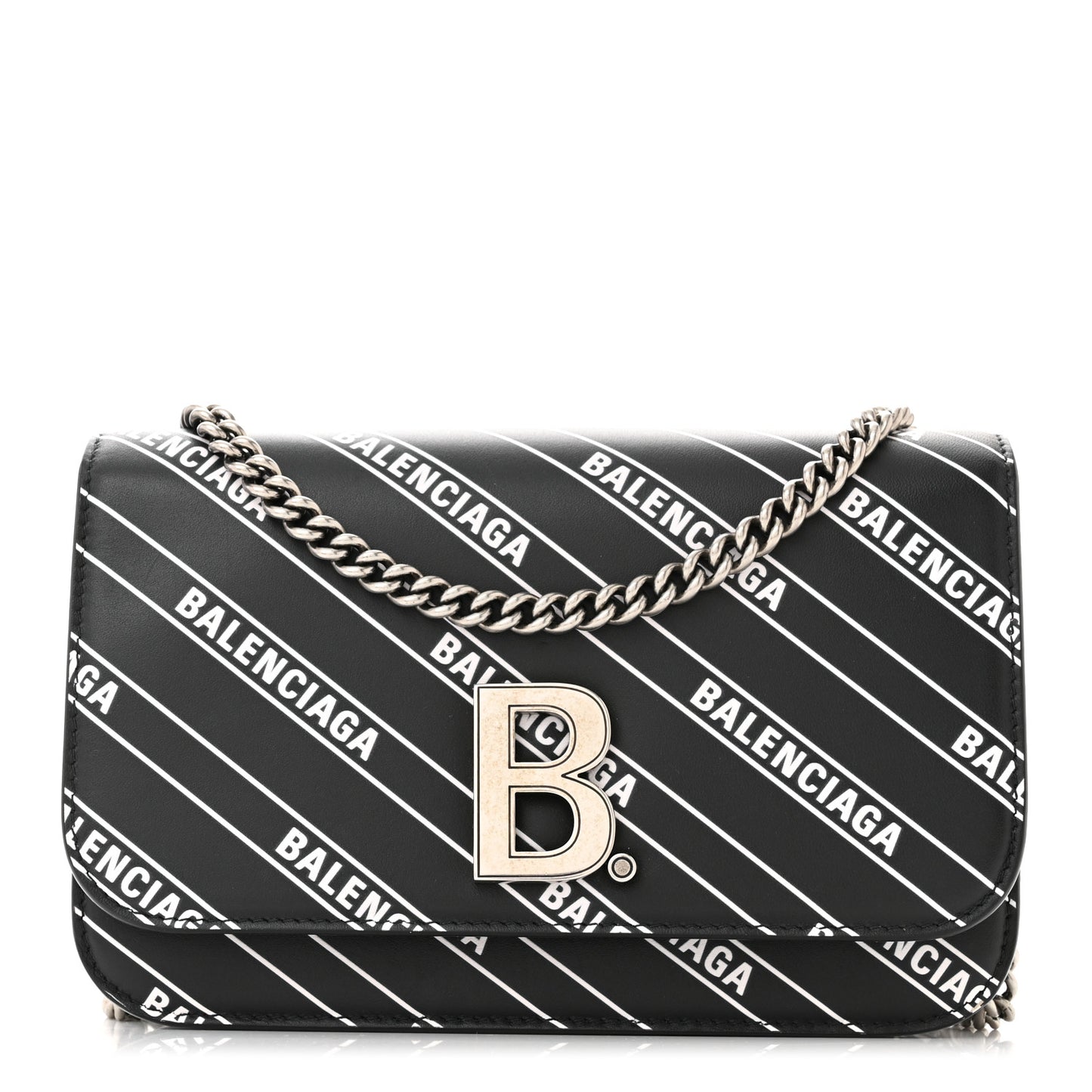 Matte Calfskin Diagonal Allover Logo Print B Wallet on Chain Black White
