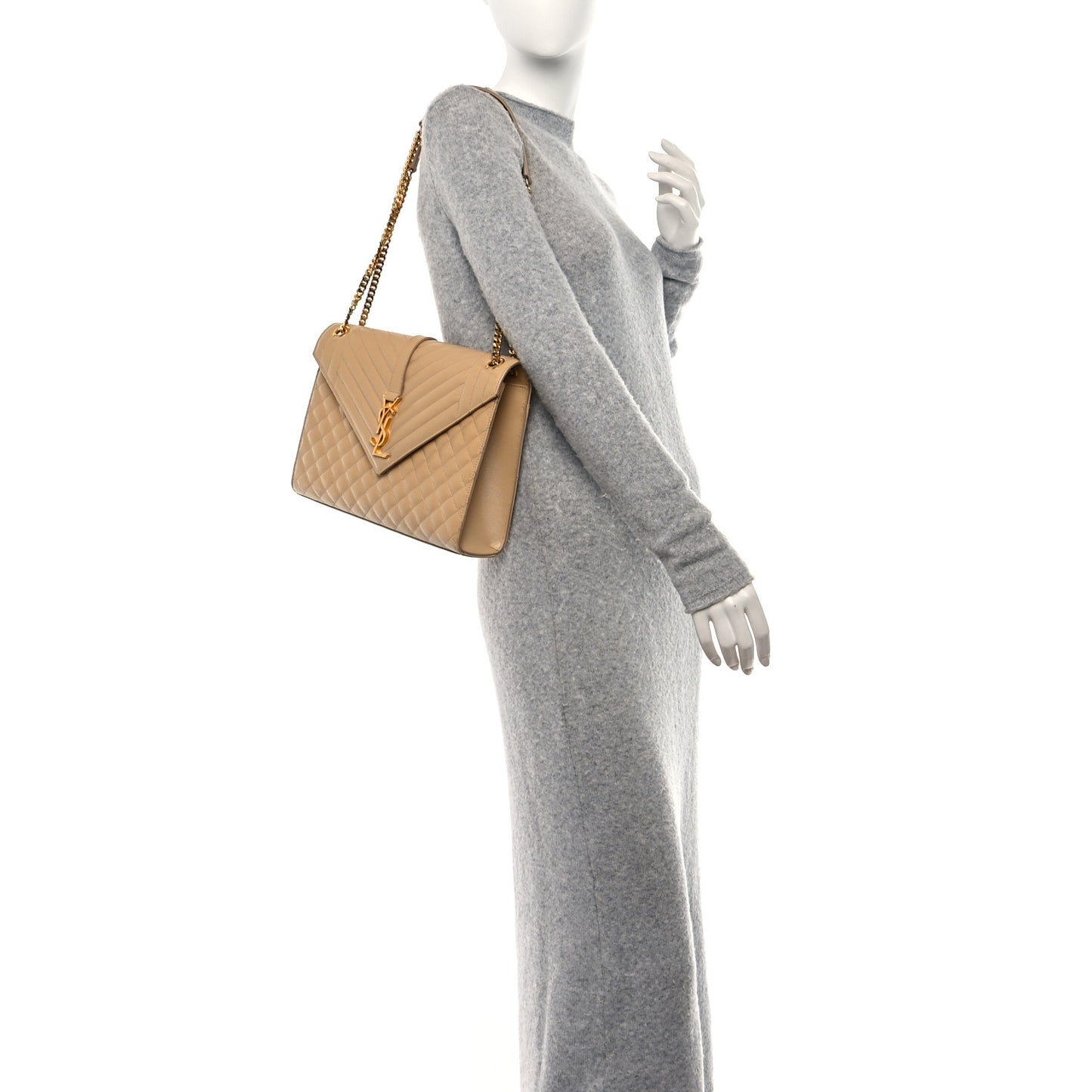 Grain De Poudre Textured Mixed Matelasse Triquilt Large Monogram Satchel Dark Beige