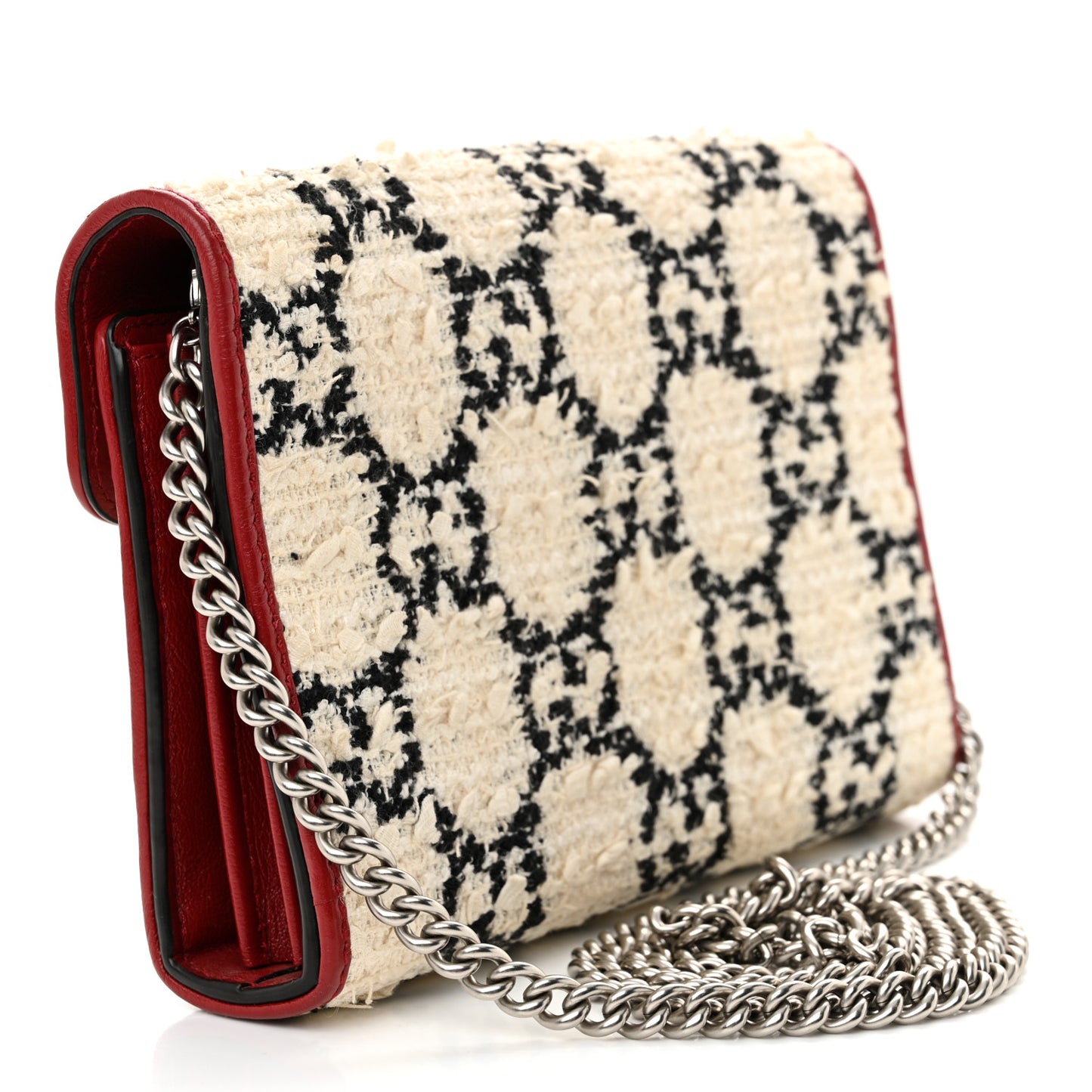 Tweed GG Monogram Mini Dionysus Chain Wallet White Black Romantic Cherry