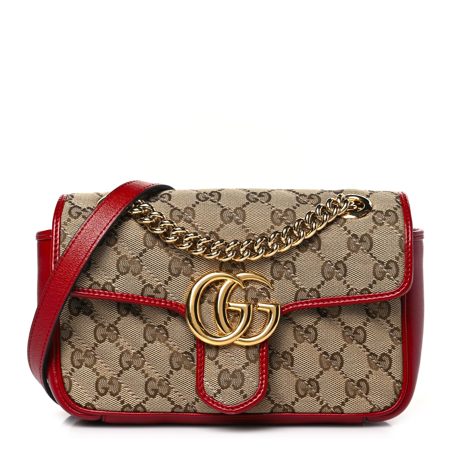 Monogram Azalea Calfskin Matelasse Diagonal Mini GG Marmont Shoulder Bag Beige Ebony New Cherry Red