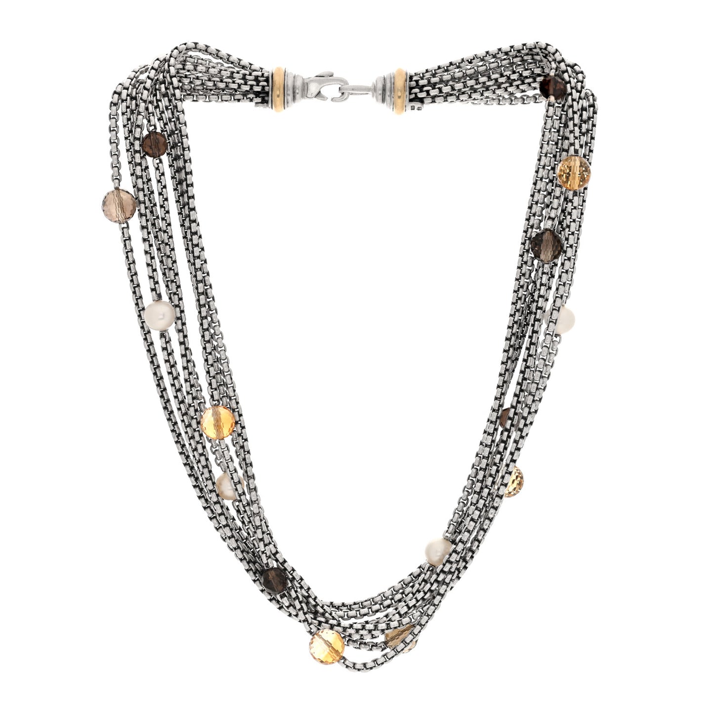 Sterling Silver 18K Yellow Gold Pearl Citrine Smokey Quartz Multi Strand Necklace