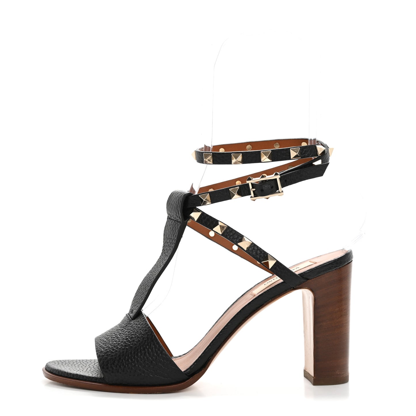 Grained Calfskin Rockstud Ankle Strap 5/105mm Sandals 39 Black