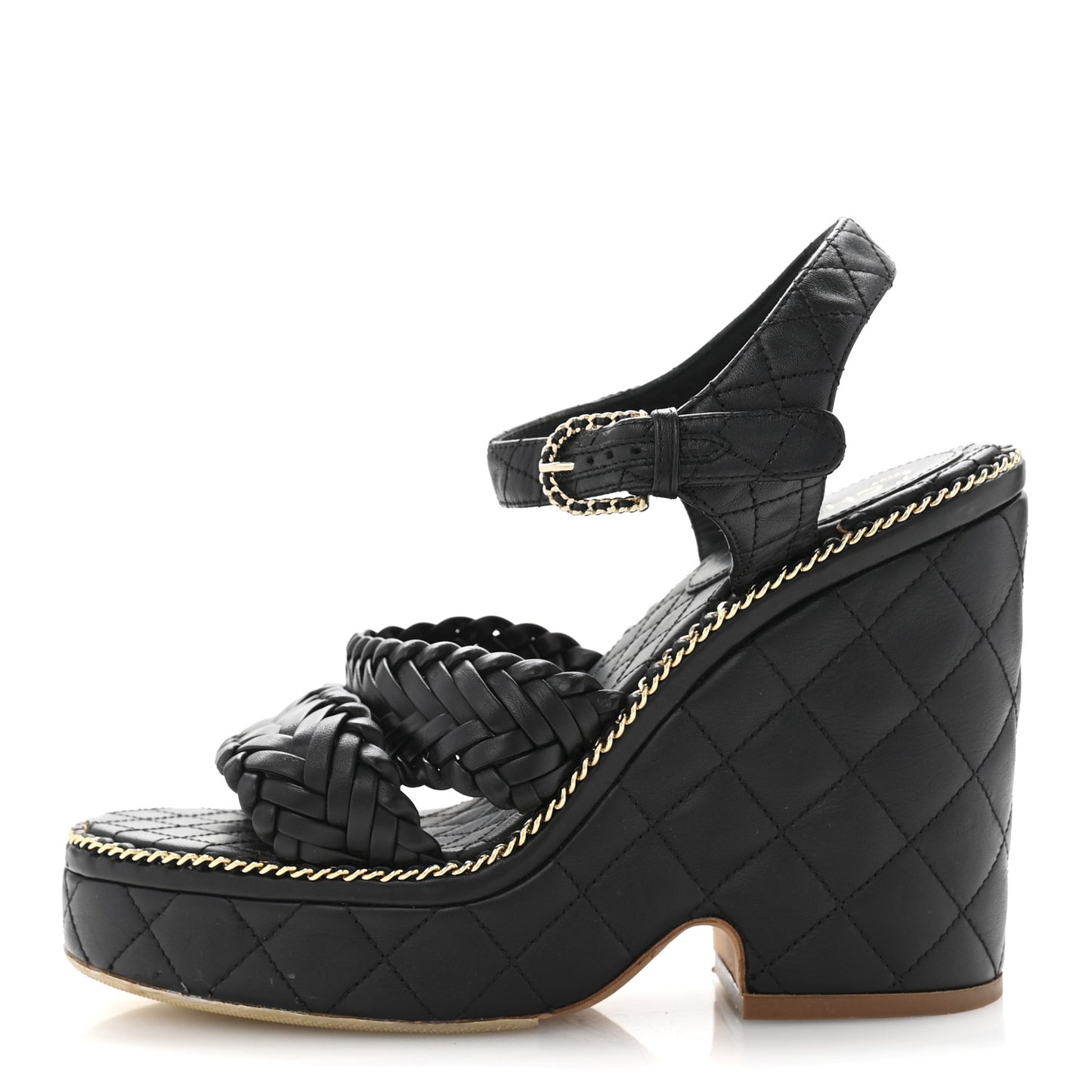Calfskin Quilted Chain Around Wedge Sandals 37 Black