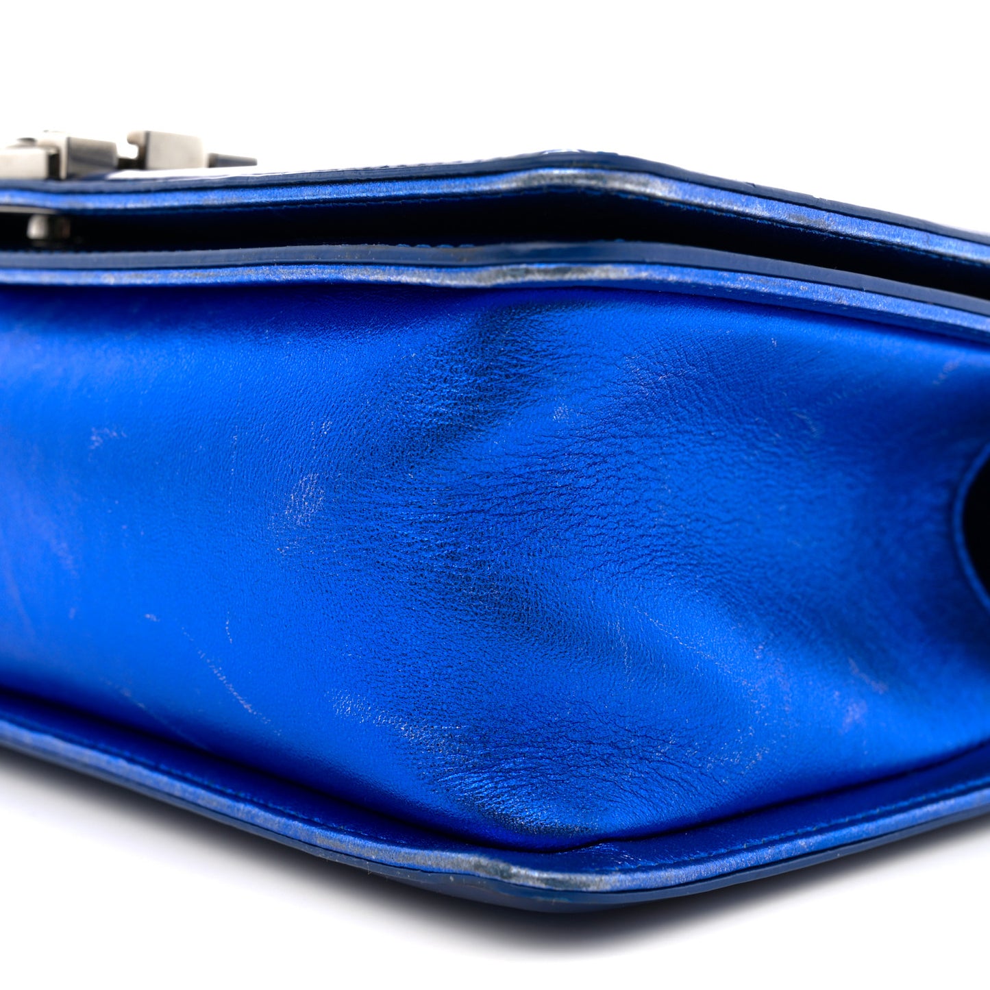 Metallic Patent Quilted Medium Boy Flap Blue