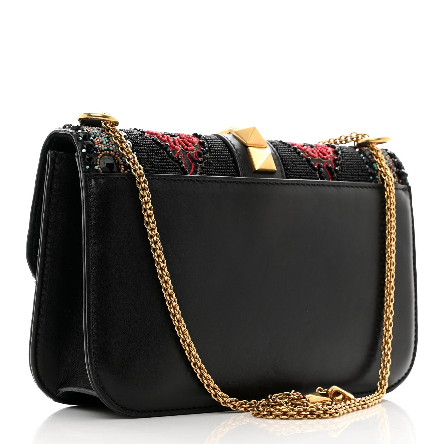 Vitello Beaded Medium Glam Lock Rockstud Flap Black