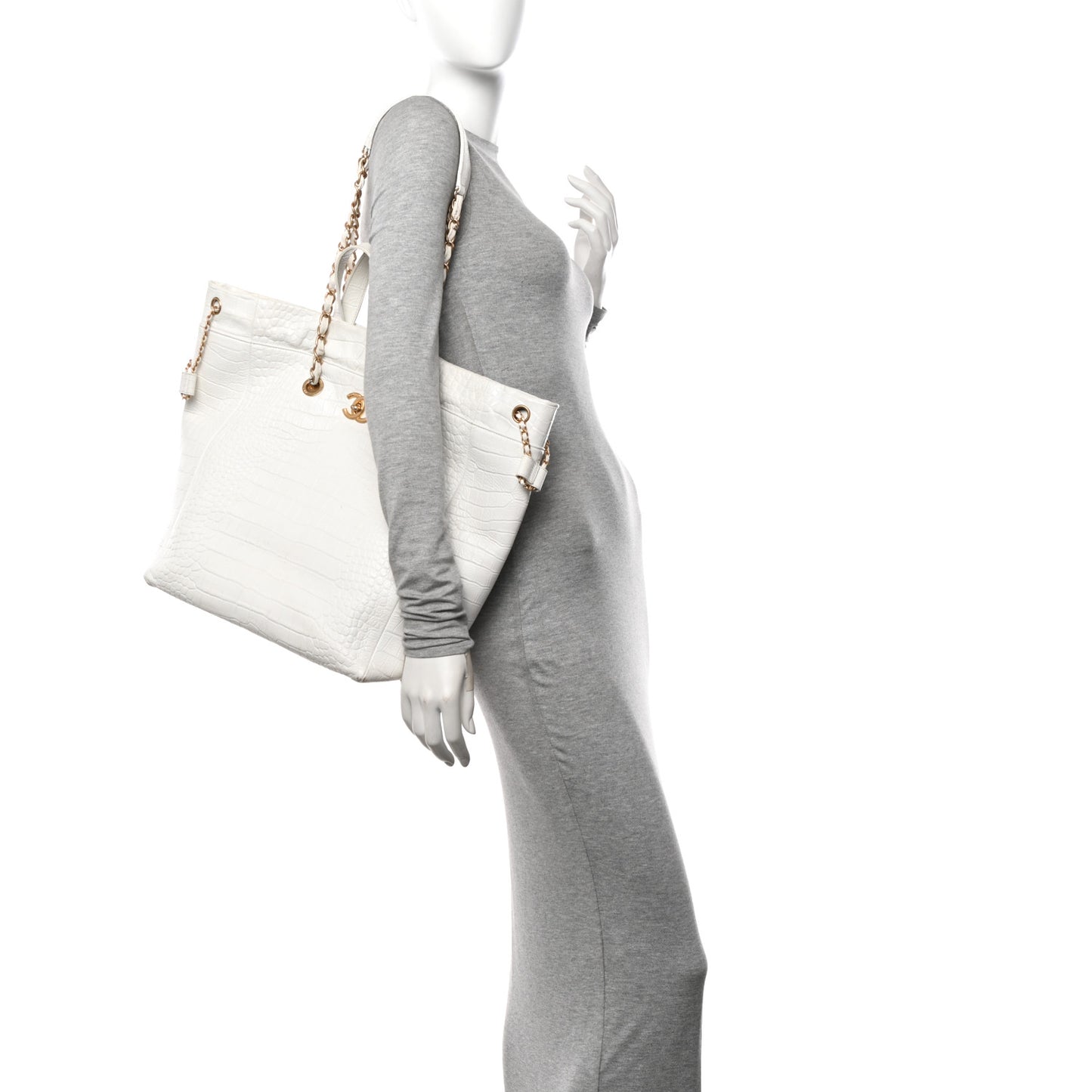 Calfskin Crocodile Embossed Large Cocodile Shopping Tote White