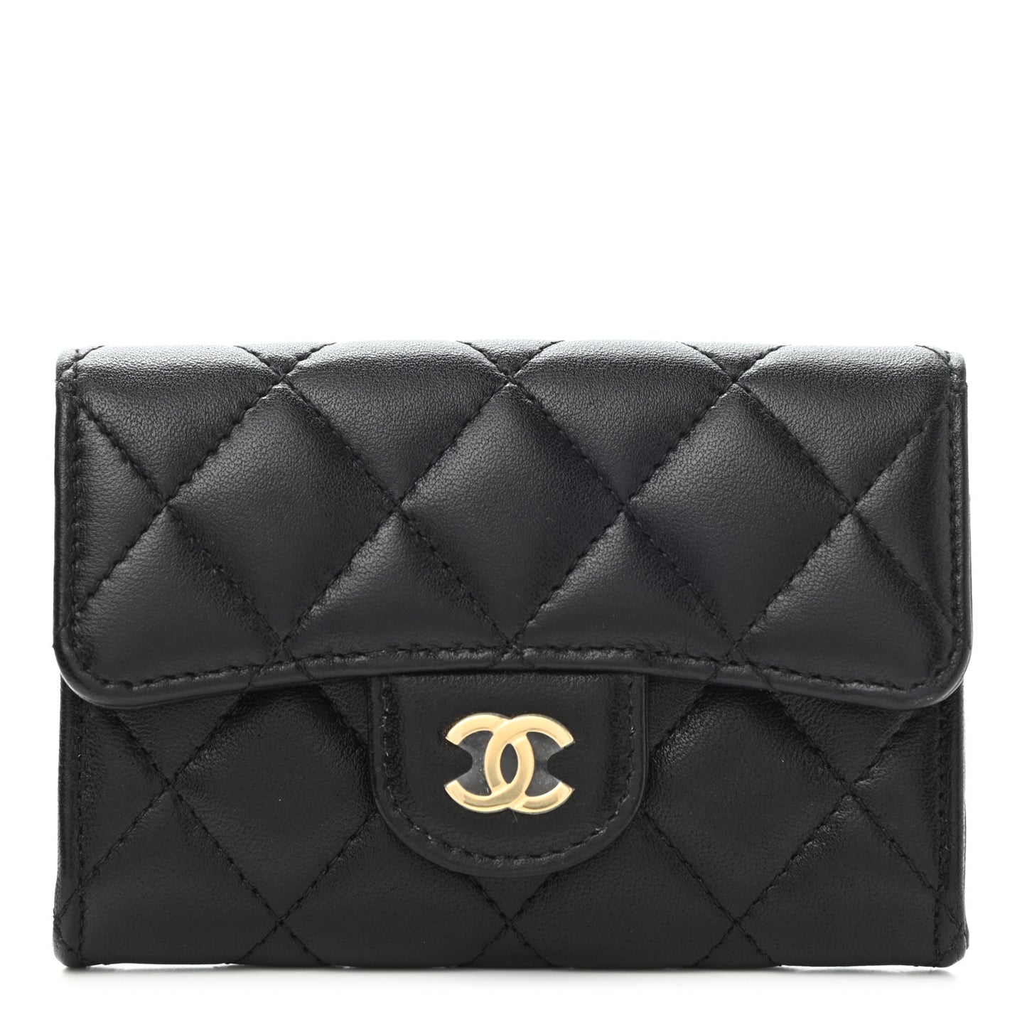 Lambskin Quilted Flap Card Holder Wallet Black