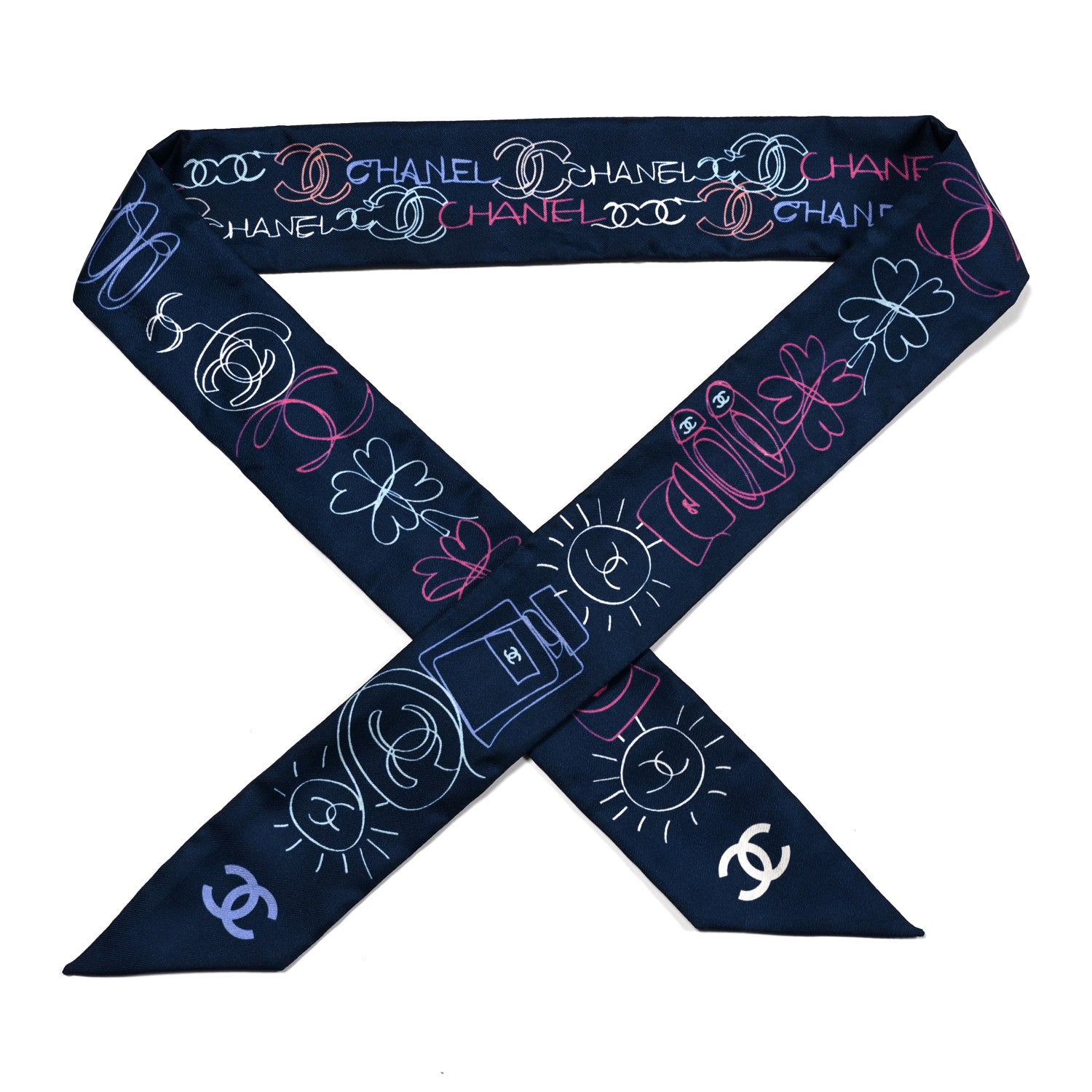 Chanel Silk Twill CC Logo Slim Bandeau Scarf Navy Blue Multicolor