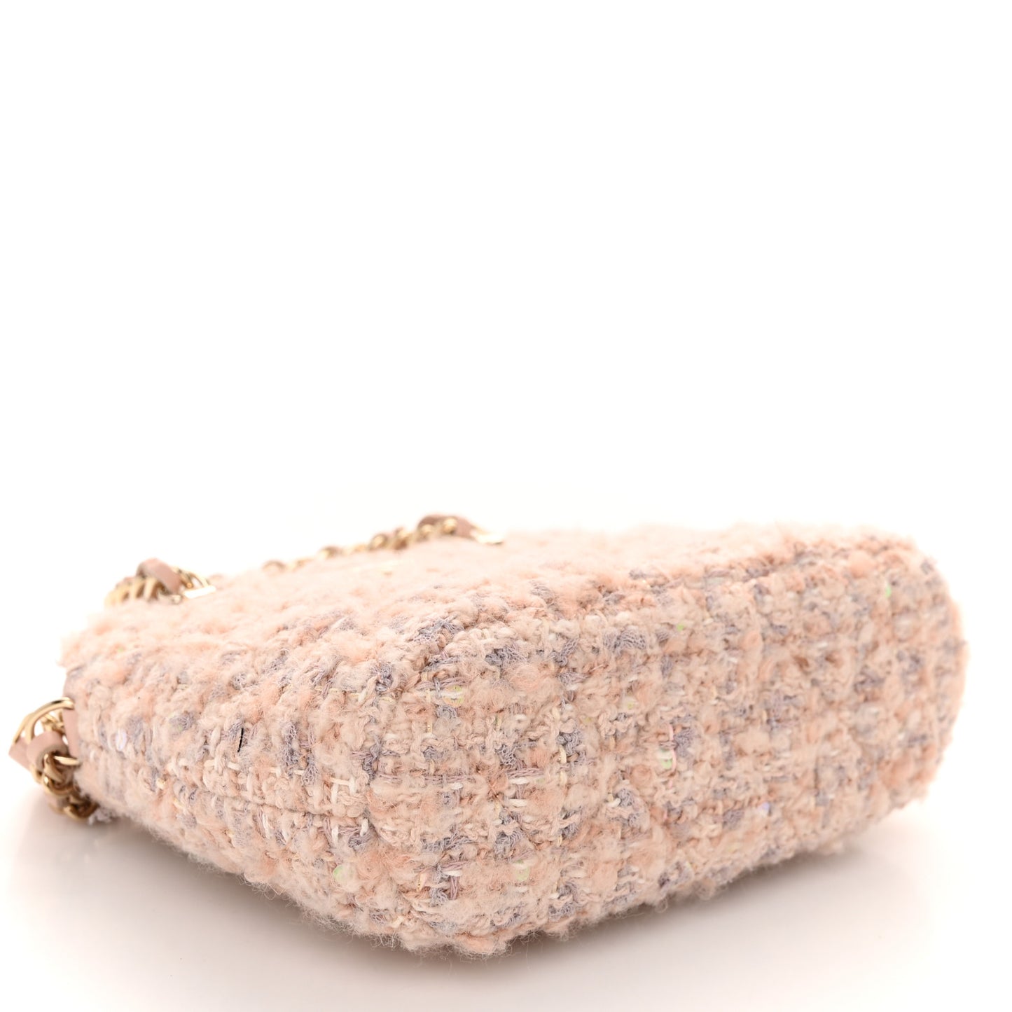 Cotton Wool Tweed Sequin Quilted Shiny Coco Clutch With Chain Light Pink Beige Ecru