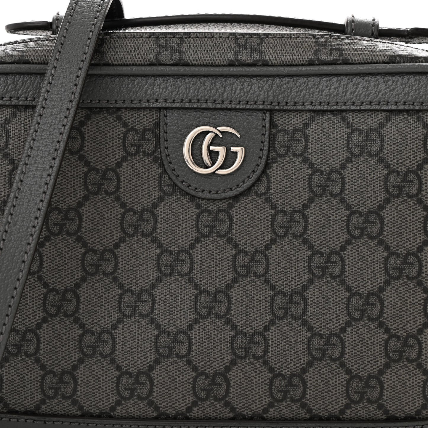 GG Supreme Monogram Textured Dollar Calfskin Small Ophidia Top Handle Shoulder Grey Black Graphite Grey