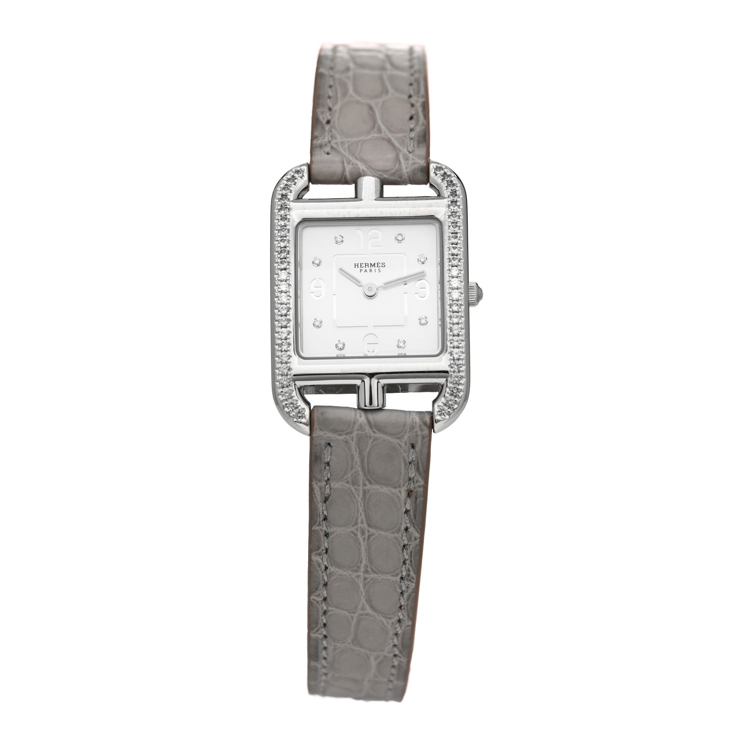 Hermes Stainless Steel Alligator Diamond Bezel Grey Sapphire Mother of Pearl 23mm Cape Cod Quartz Watch Gris Perle 1 of 5